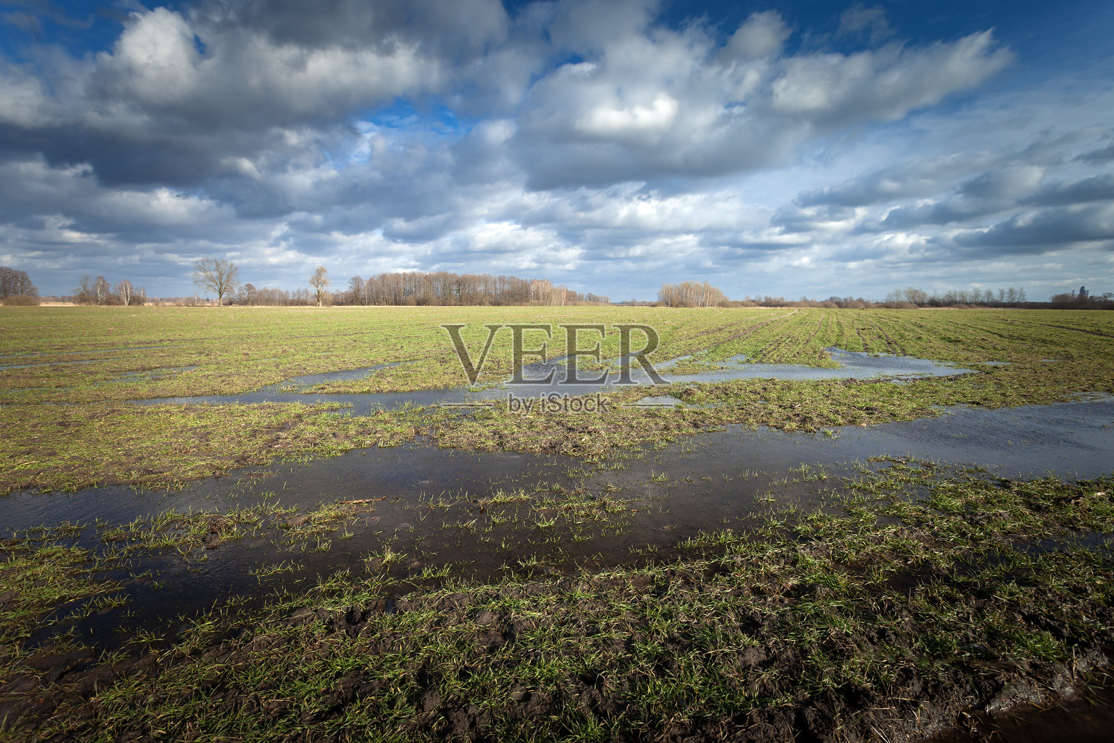 农村田野上的水灾和天空中的云彩照片摄影图片