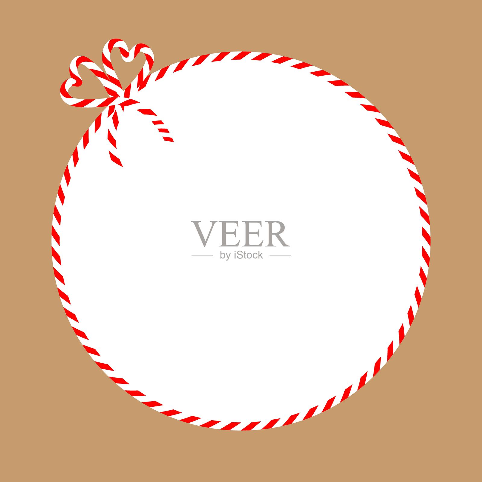 方形工艺品，棕色背景，配有糖果手杖丝带。用于装饰和礼物的圣诞包装绳。插画图片素材