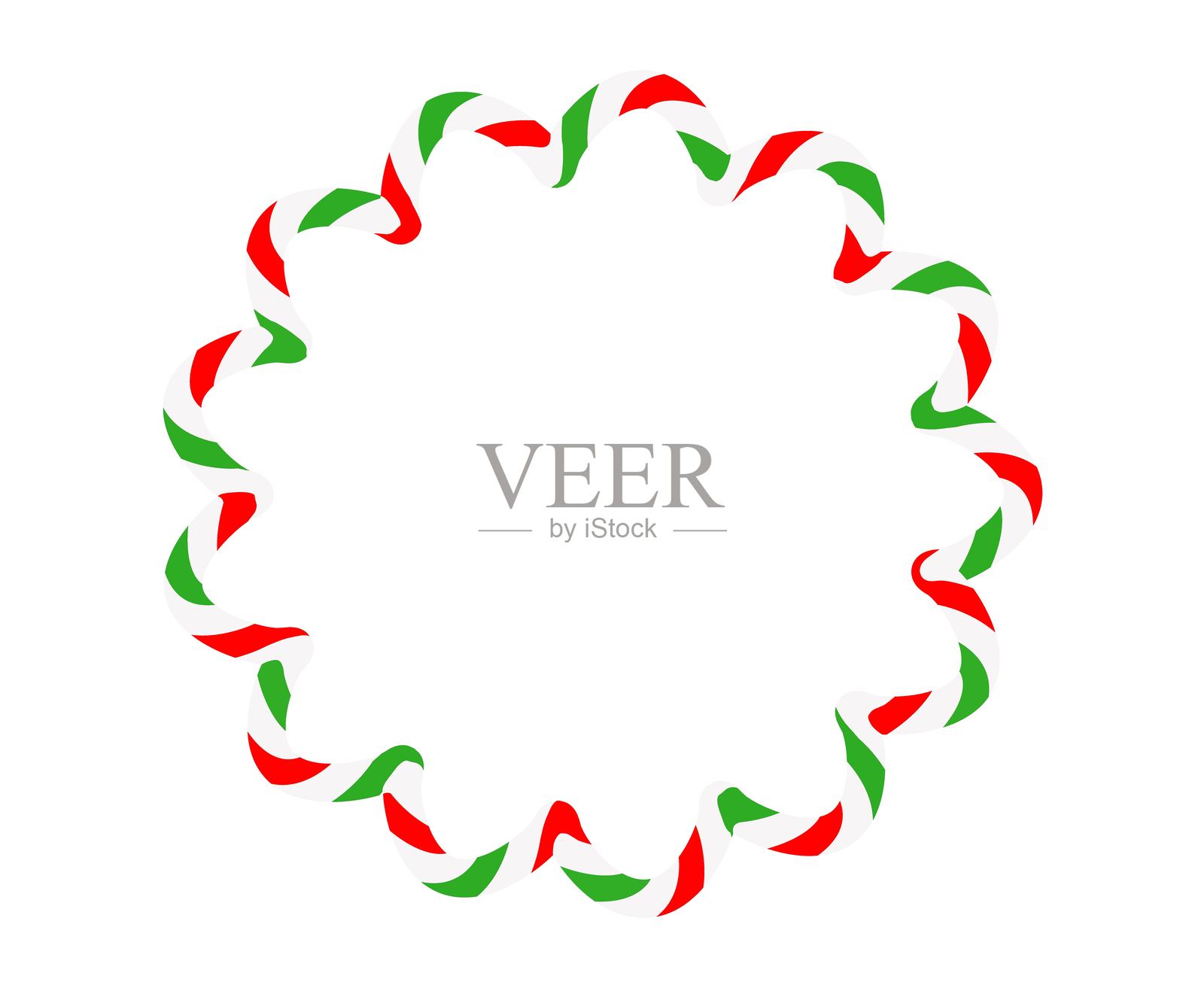 糖果手杖圆形框架。带有红色、绿色和白色条纹的圣诞丝带。带有新年或圣诞节装饰边框的贺卡。插画图片素材