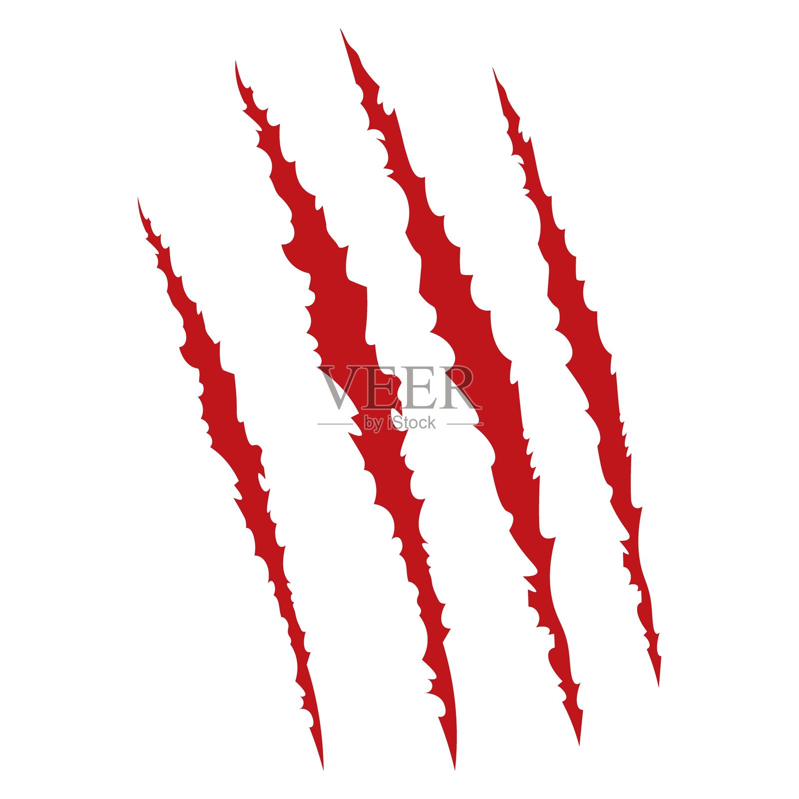 红色爪子划伤动物。四道划痕的形状。野生动物爪痕。搞笑的设计元素。插画图片素材