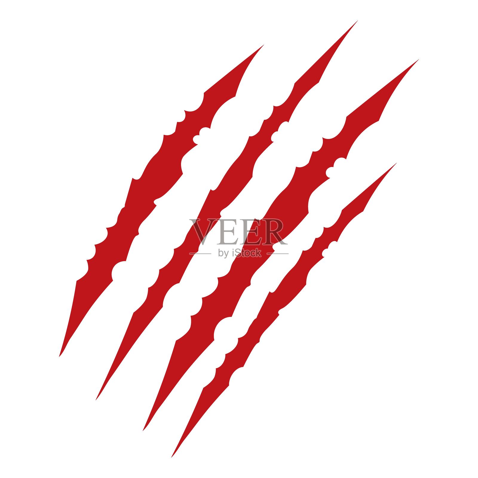 红色爪子划伤动物。四道划痕的形状。野生动物爪痕。搞笑的设计元素。插画图片素材