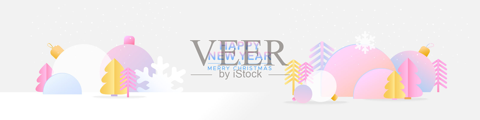 渐变圣诞树、雪花和纸雕风格的玩具网页横幅插画图片素材