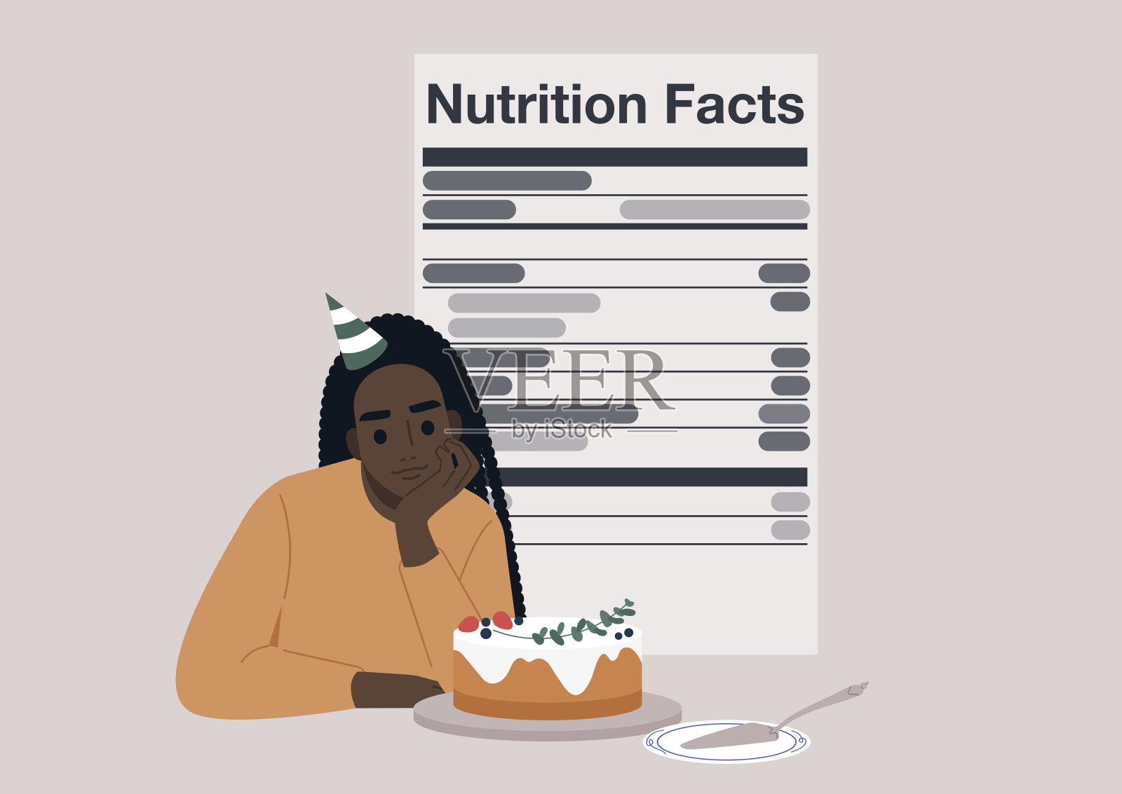 一个戴着派对帽的人认真查看生日蛋糕的营养成分。蛋糕上装饰着节日的装饰品，促使人们思考健康选择。插画图片素材