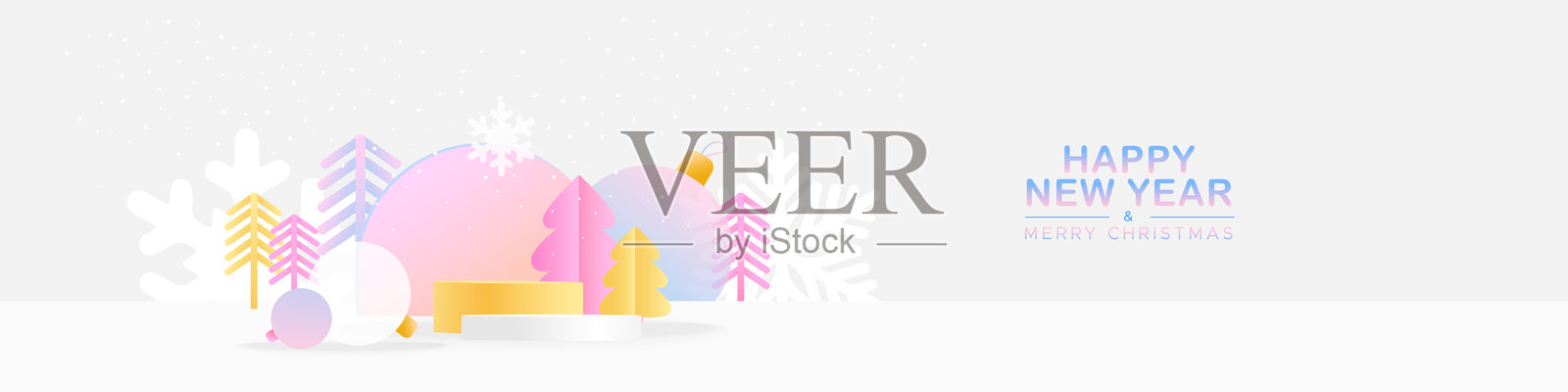 金色讲台上摆放着圣诞树、雪花和纸雕风格的玩具插画图片素材