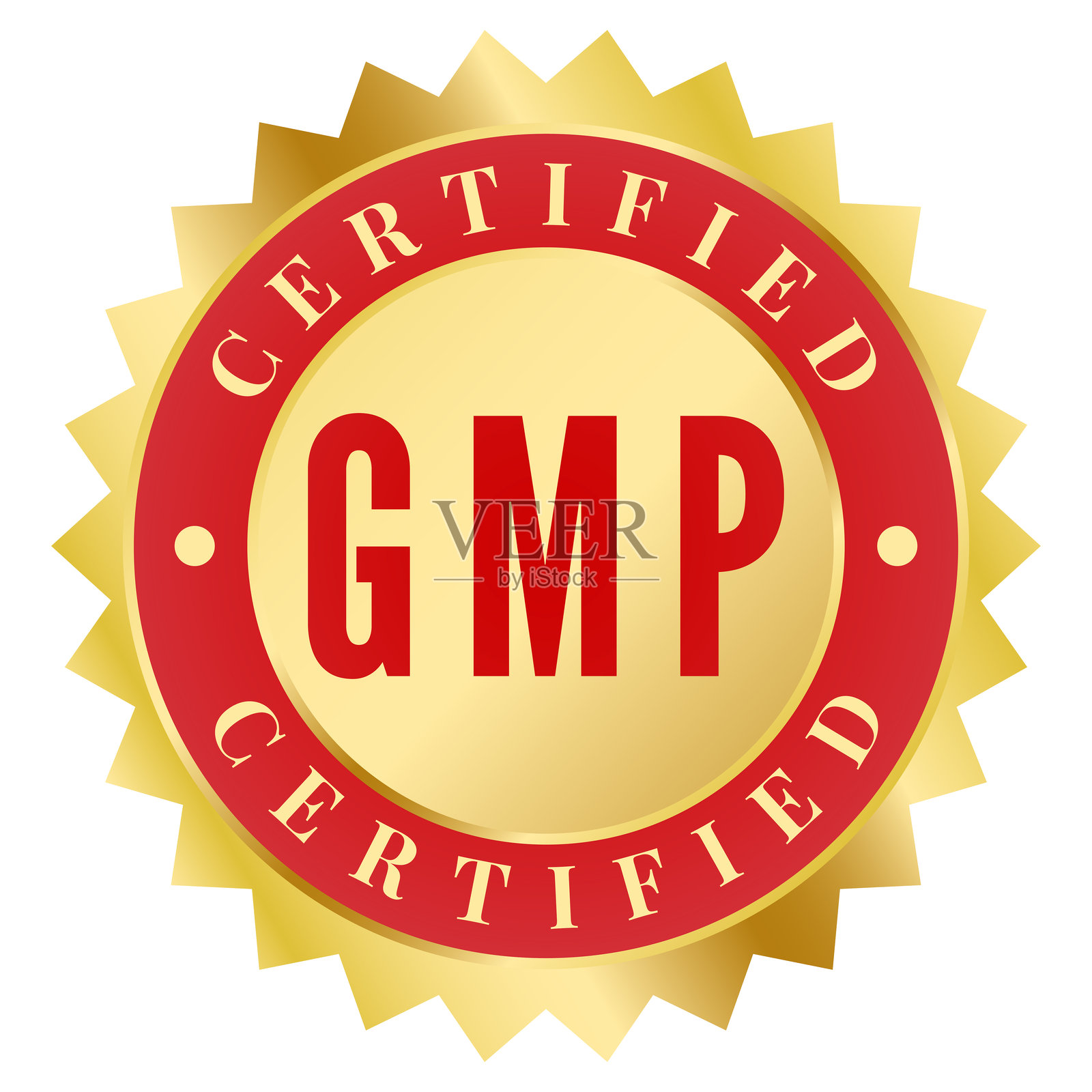 GMP认证。良好生产规范认证的金色和红色橡胶印章、贴纸、标志矢量插图插画图片素材