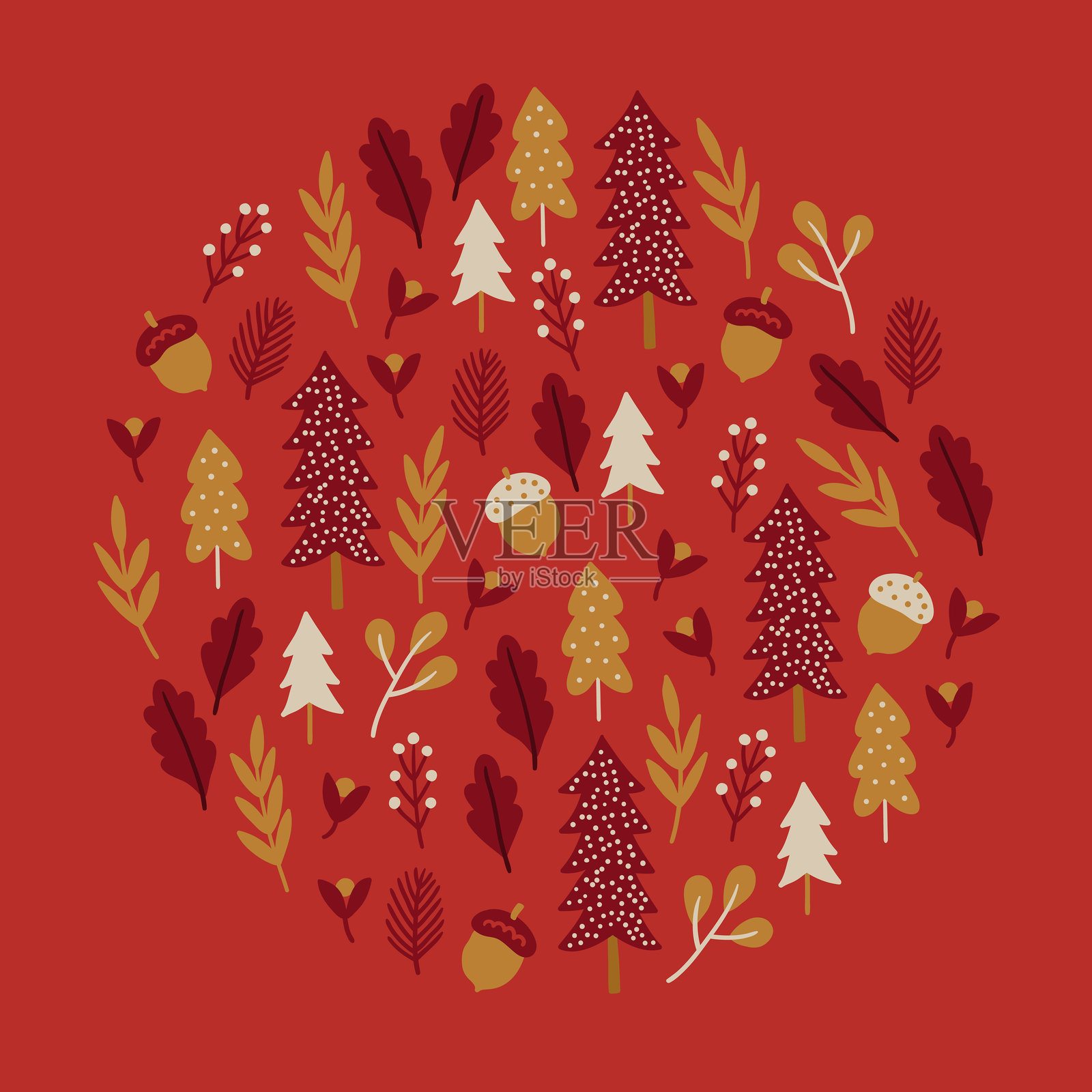 圣诞贺卡，上面有松树、橡果、浆果和松枝插画图片素材