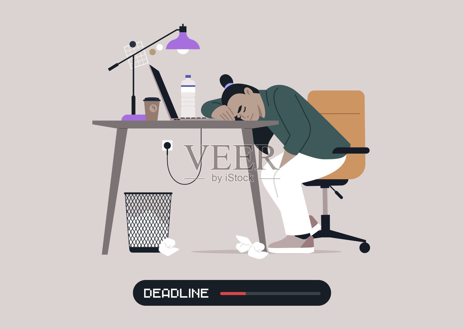 疲惫的个体将头靠在杂乱的桌子上，因长时间工作而感到疲惫，面临紧迫的截止日期，周围散落着提醒事项。插画图片素材