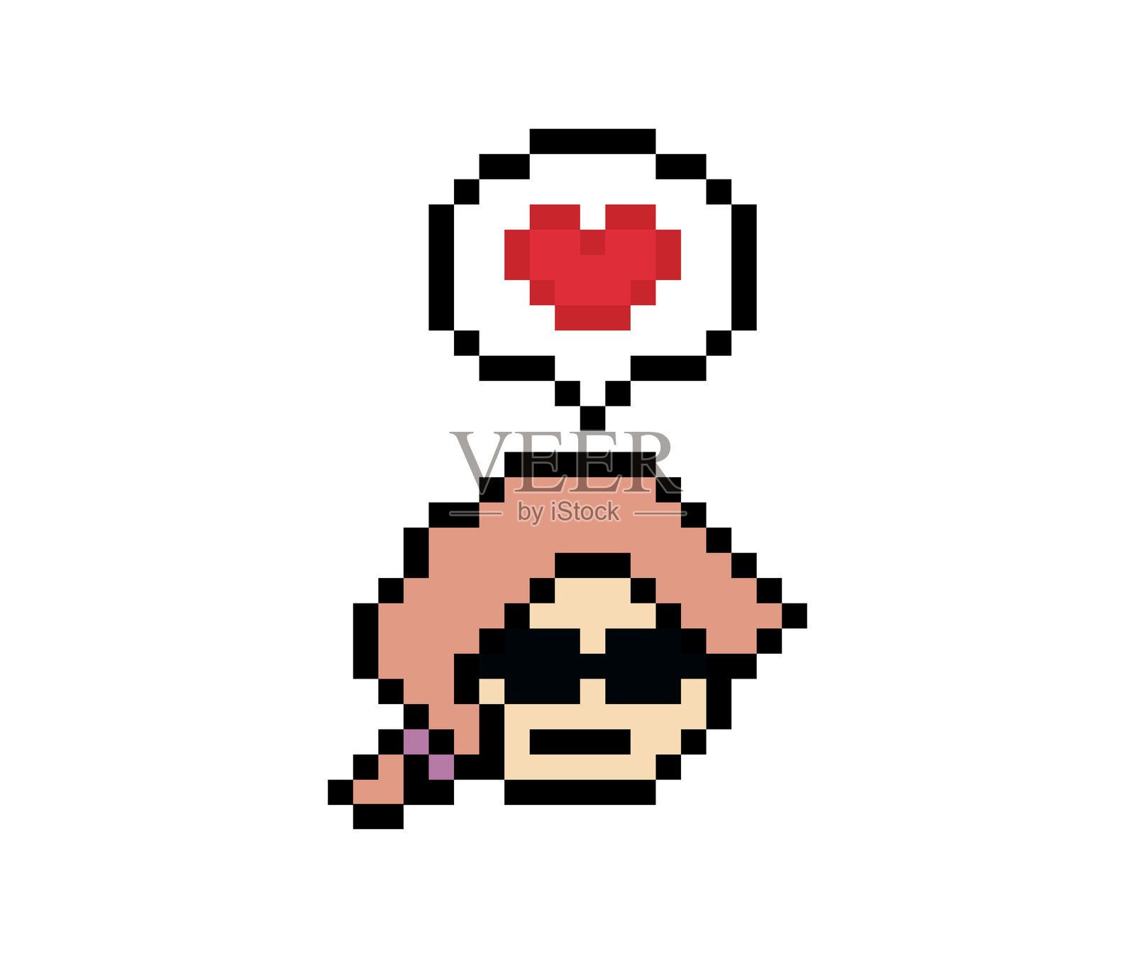 可爱的像素卡通8位女性角色，感受到爱的快乐与幸福，心形情感，生活方式装饰，8位女孩，趣味快乐，喜欢的心情，游戏孤立矢量图。插画图片素材