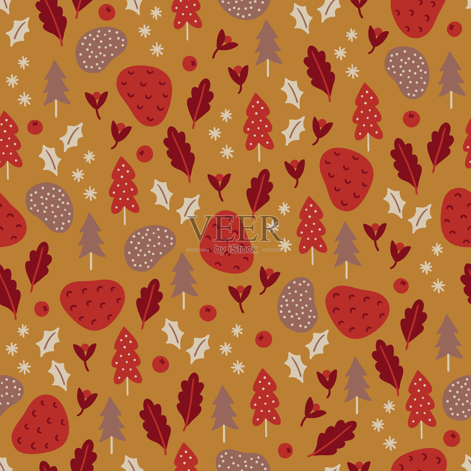 圣诞节无缝图案，包含浆果、雪花和松树。矢量插图插画图片素材