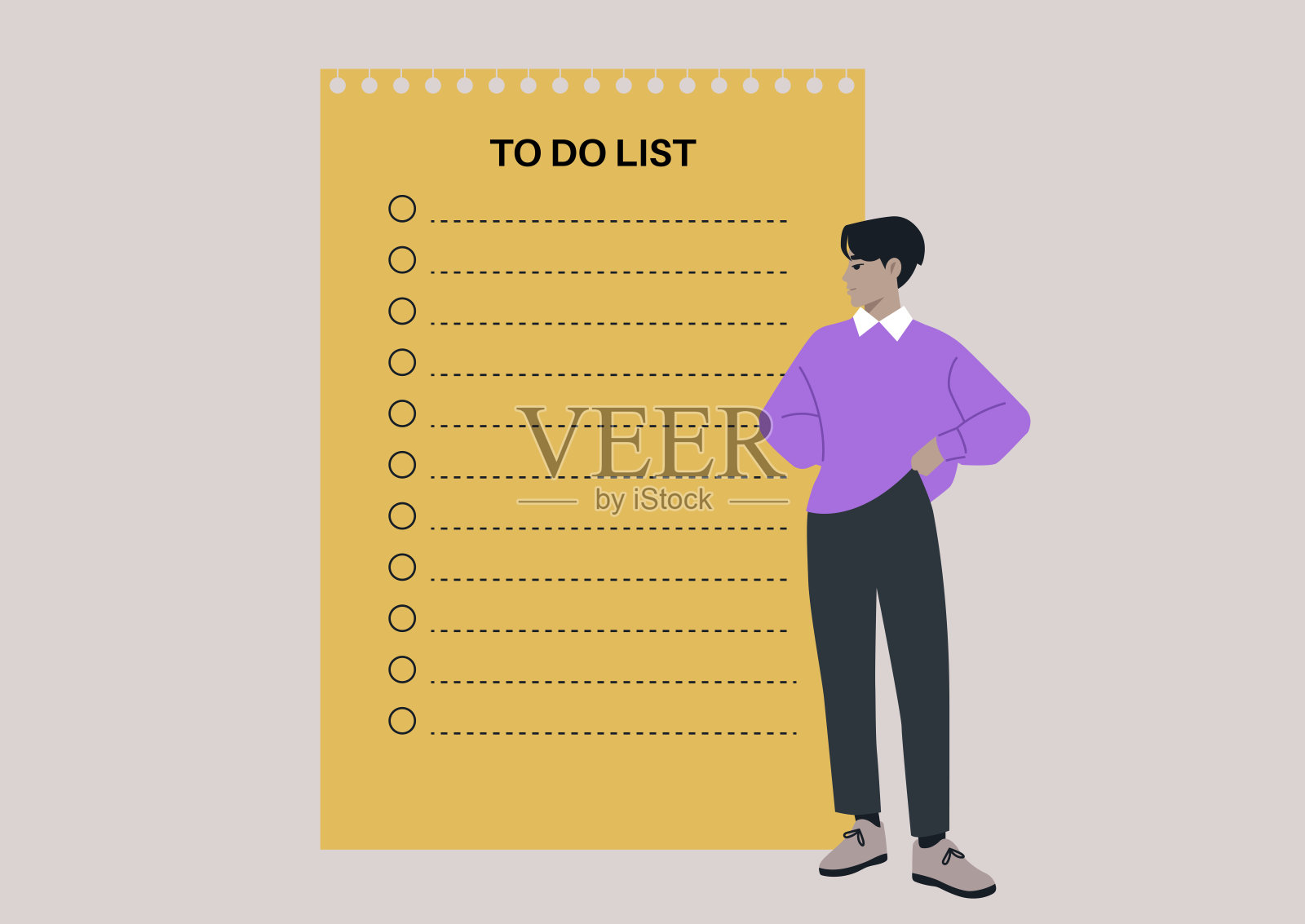 一个穿着紫色毛衣的人在温暖的下午阳光下，沉思地站在一张鲜艳的黄色待办事项列表旁，展现出创造力与生产力的结合。插画图片素材