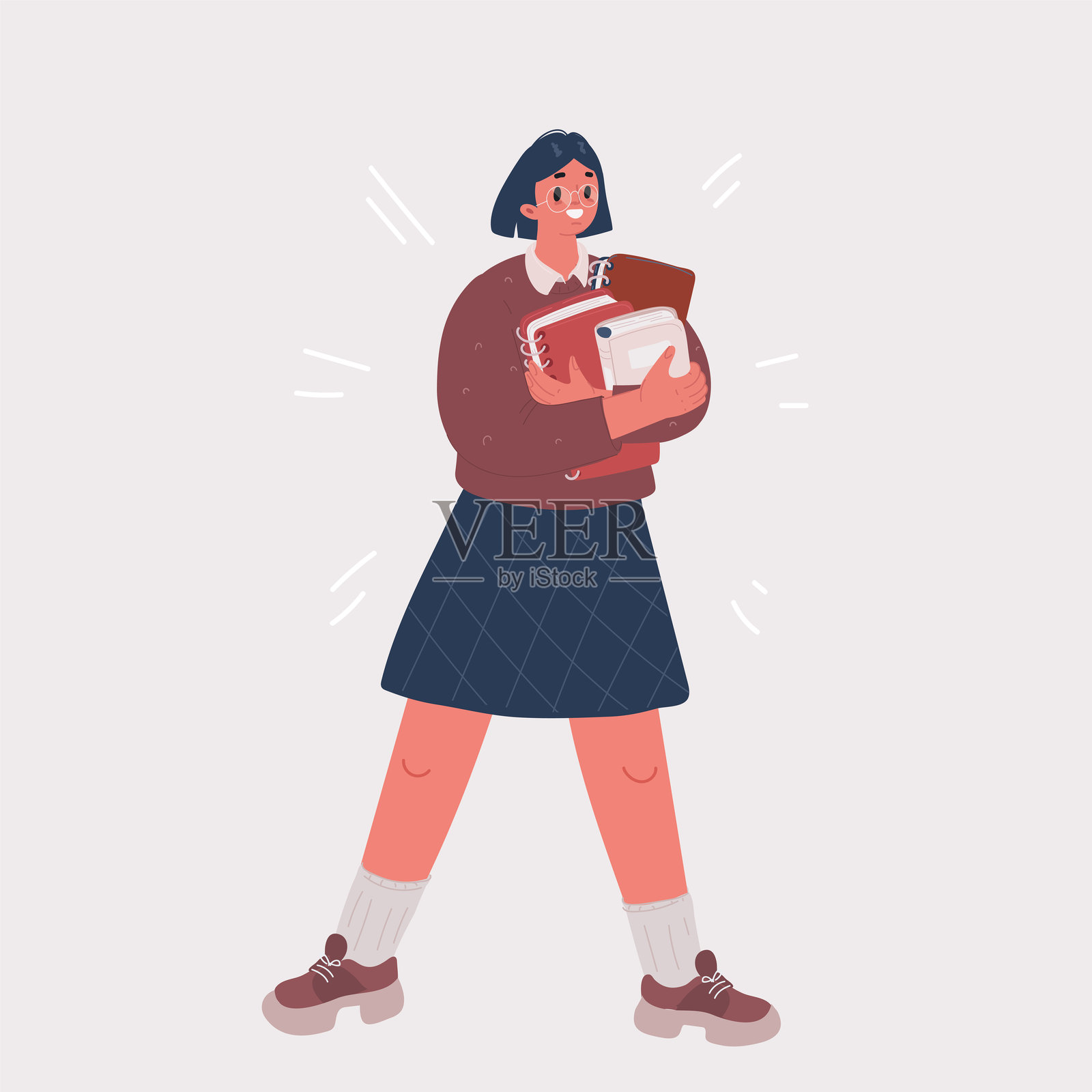 卡通矢量插图：小女孩微笑着手持书本，前往学校。特写肖像，粉色背景，童年。生活方式，兴趣，爱好，闲暇时间。插画图片素材