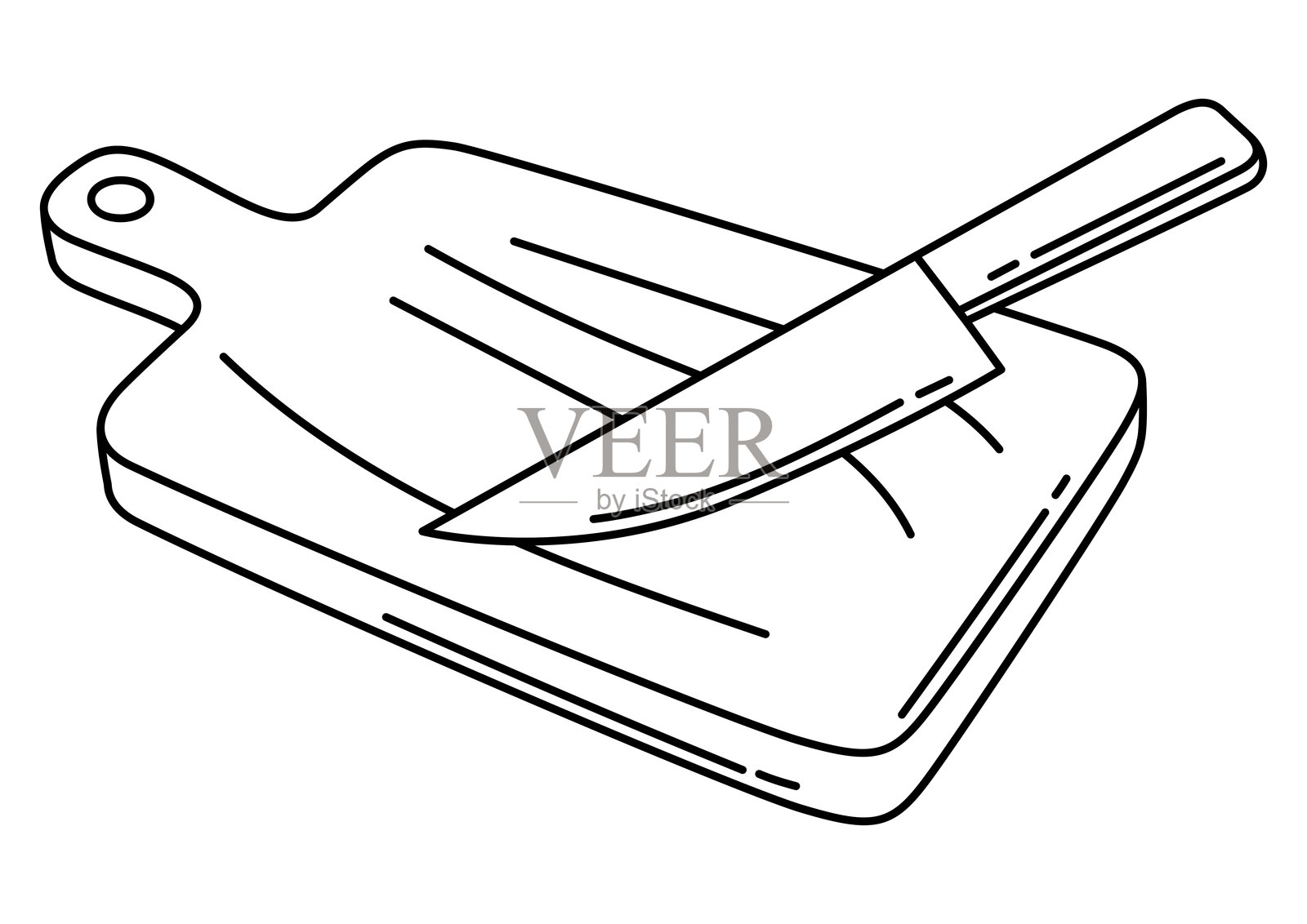 带刀的切菜板。为烹饪食谱和菜单设计的风格化厨房物品。插画图片素材