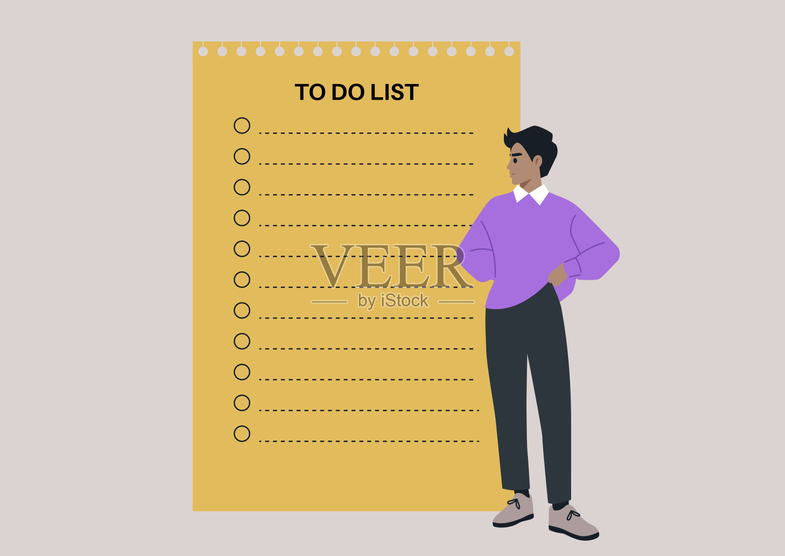 一个穿着紫色毛衣的人在温暖的下午阳光下，思考着任务，旁边是一份鲜艳的黄色待办事项清单，展现了创造力与生产力的结合。插画图片素材