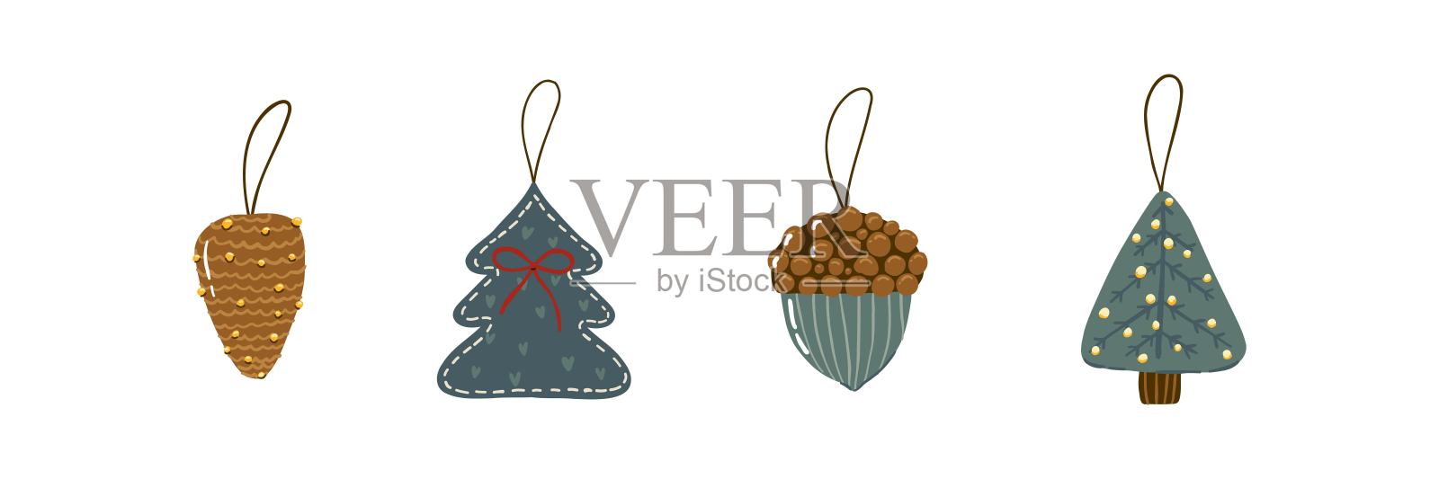 一套平面风格的圣诞树装饰品。手绘矢量插图。插画图片素材