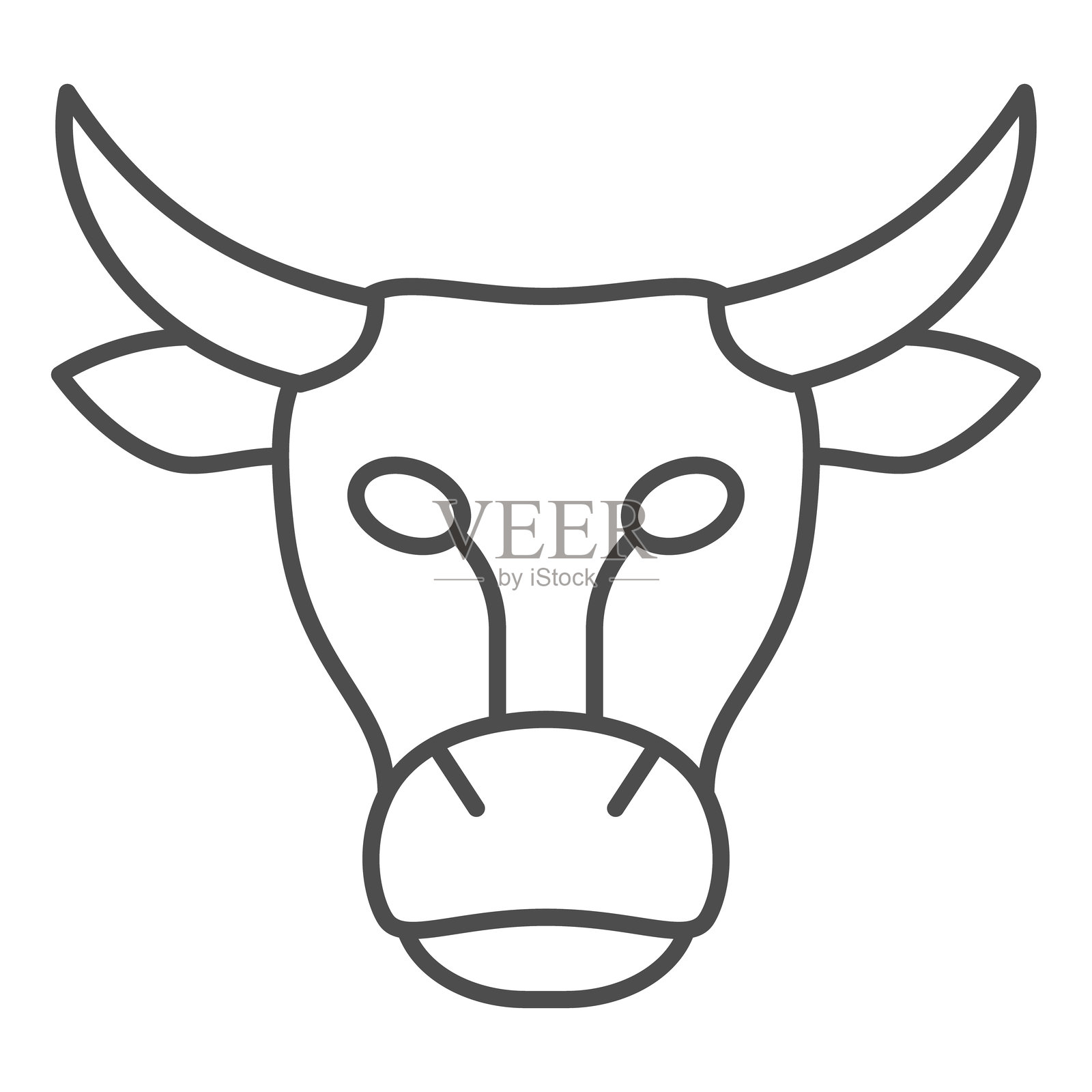 牛头细线图标，农场动物概念。矢量图形。白色背景上的公牛面部标志，适用于移动或网页设计的轮廓风格图标。插画图片素材