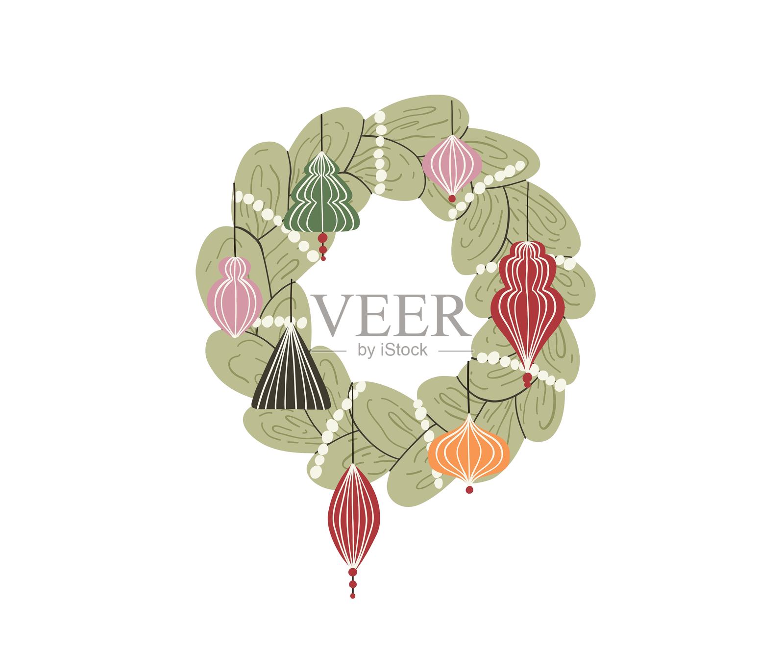 平面风格绘制的圣诞花环。节日，圣诞节，装饰。手绘矢量插图。插画图片素材