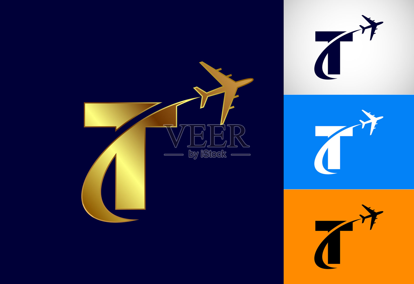 字母T与飞机。旅行图标。航空标志，飞行符号。多种颜色变化的航班图标。插画图片素材