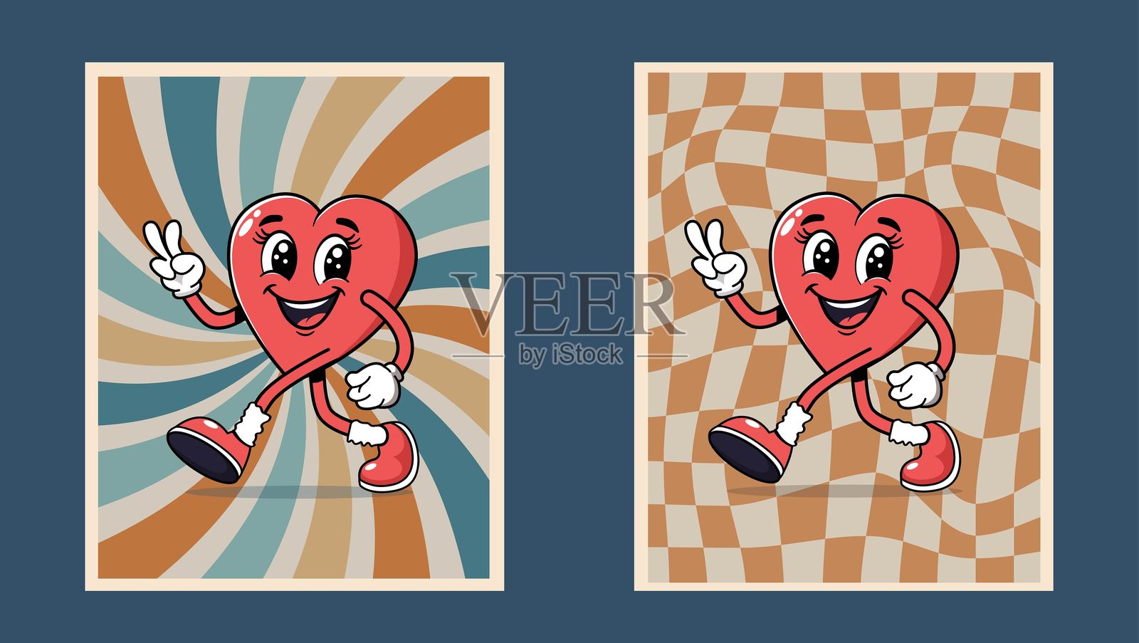 抽象手绘的酷炫复古心形角色海报，无文字。插画图片素材