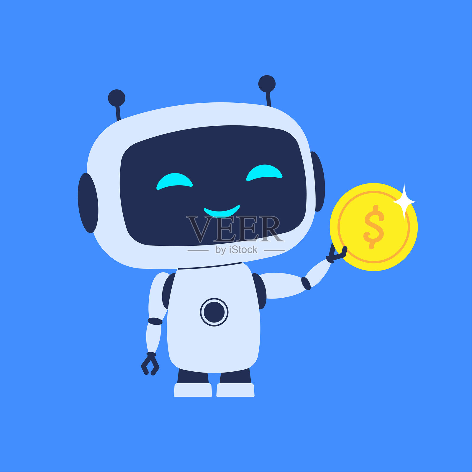 机器人手持硬币或加密货币。用于人工智能主题、区块链项目或金融科技内容的矢量插图。插画图片素材