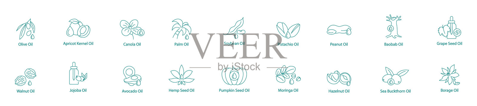 多样化的健康与烹饪油矢量图标集：橄榄油、杏仁油、菜籽油、棕榈油、大豆油、开心果油、花生油、猴面包树油、葡萄籽油、核桃油、荷荷巴油、鳄梨油、 hemp油、南瓜油、莫林加油、沙棘油插画图片素材