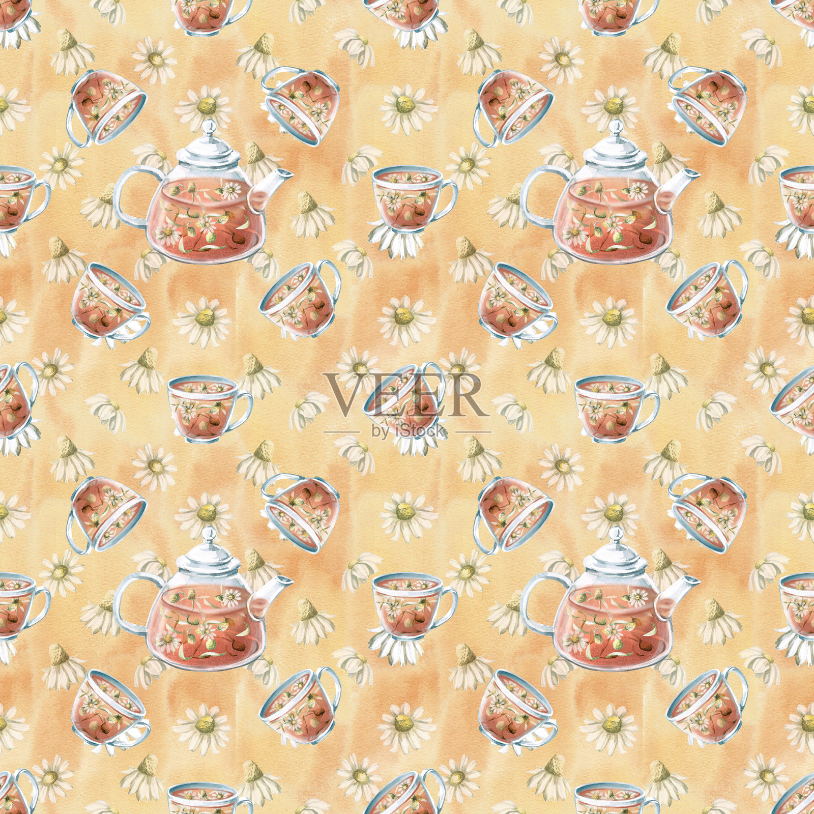无缝图案，茶壶与洋甘菊茶。水彩插图，米色背景，适用于菜单设计、咖啡馆室内、厨房配件、面料印刷的茶主题。插画图片素材