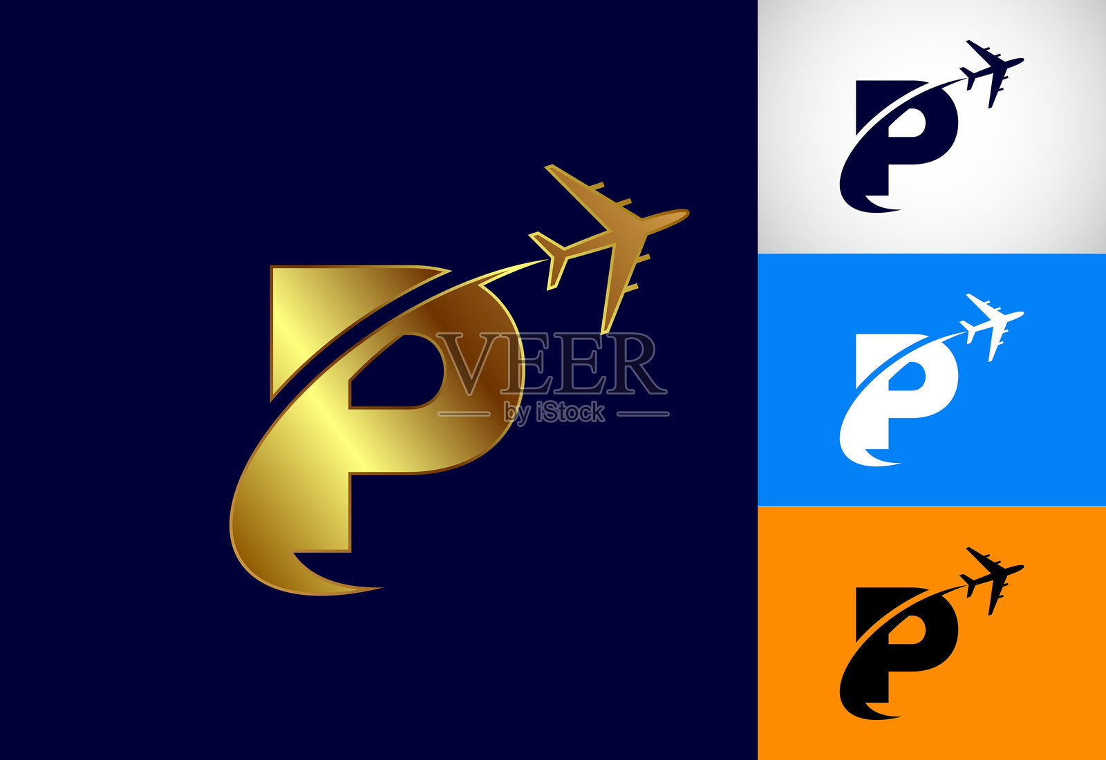 字母P与飞机。旅行图标。航空标志，飞行符号。多种颜色变化的航班图标。插画图片素材