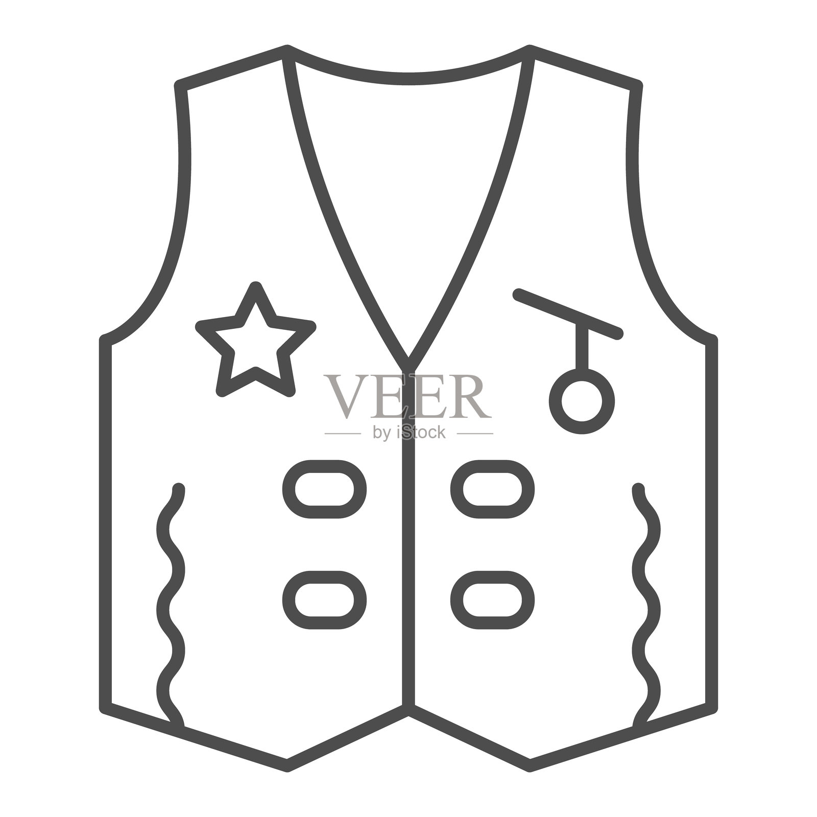 牛仔背心细线图标，西部沙漠服装概念。矢量图形。白色背景上的美式夹克标志，适用于移动或网页设计的轮廓风格图标。插画图片素材