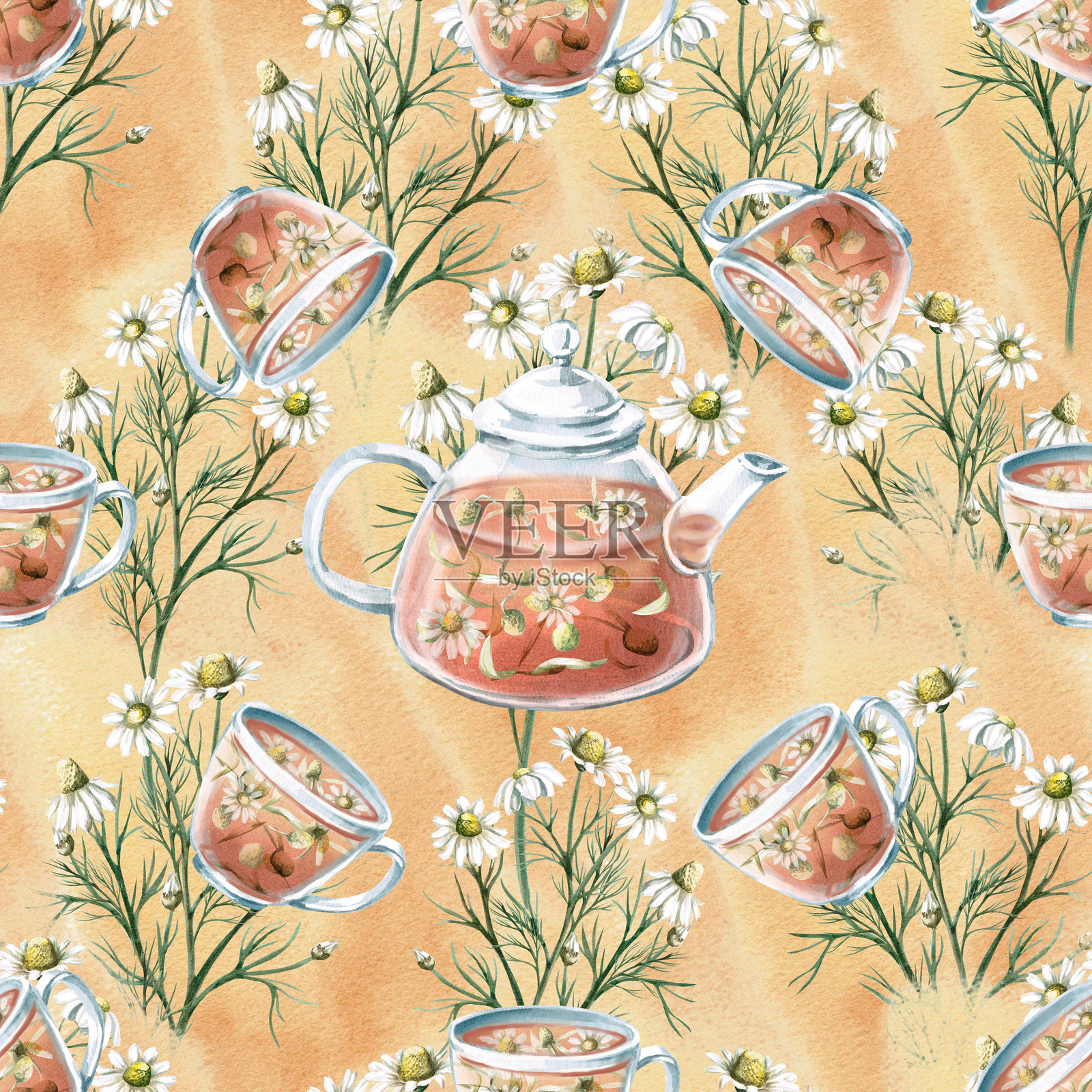 无缝的洋甘菊茶图案。米色背景上的水彩插图，适用于菜单设计、咖啡馆室内、厨房配件和面料印刷。插画图片素材