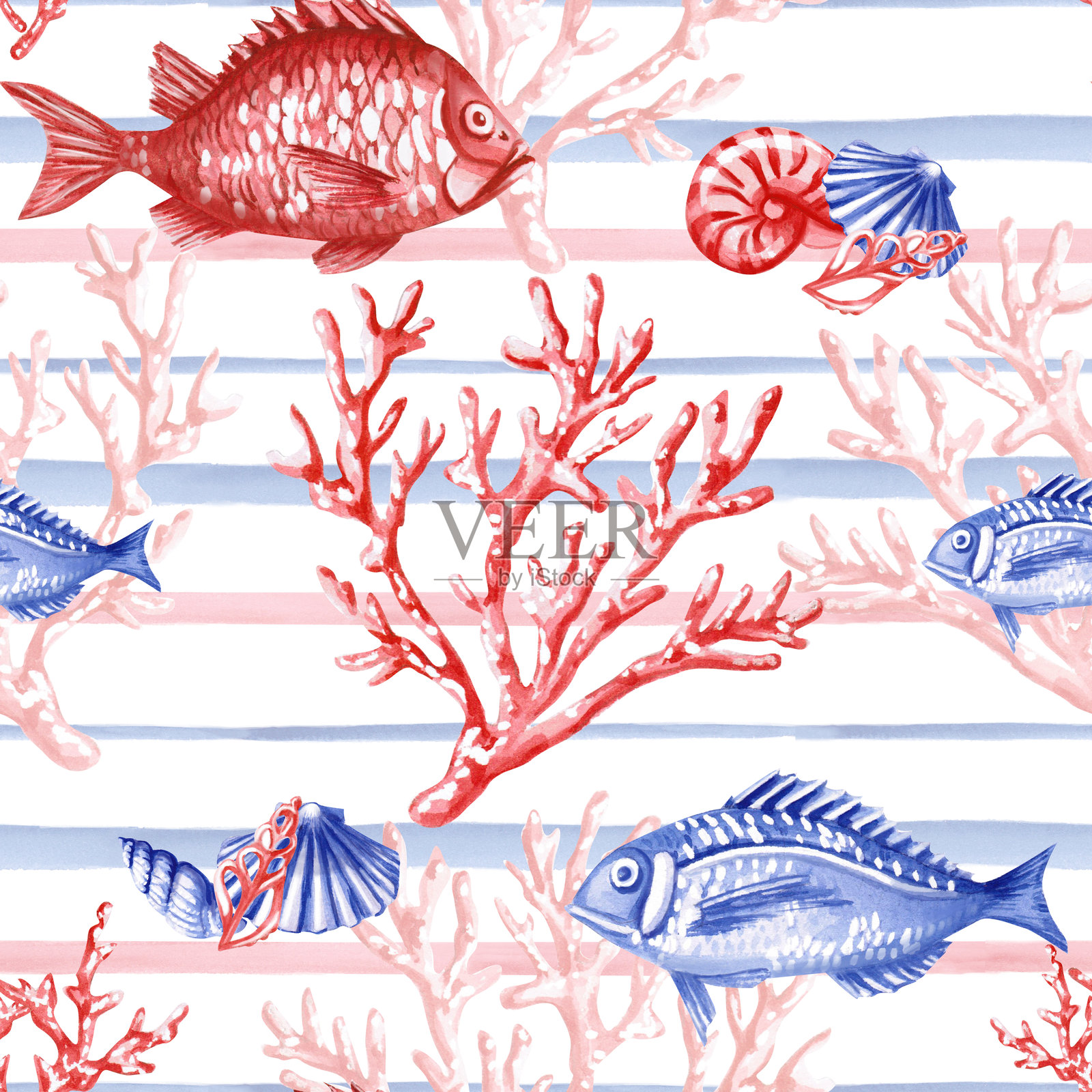 海洋主题的无缝图案。白色背景上的水彩插图，适用于包装设计、面料印刷、床上用品以及海洋主题的节日装饰。插画图片素材