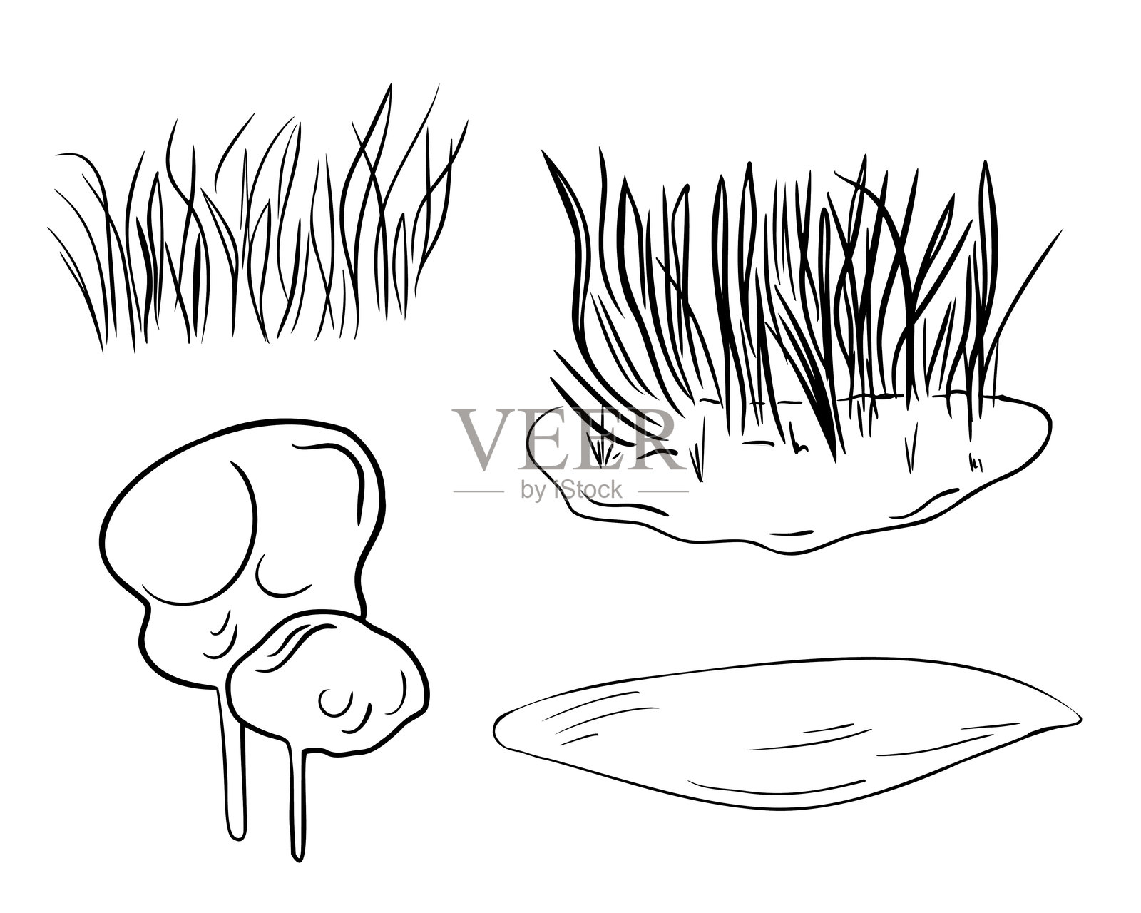草丛、土壤斑块、圆形田野和树木的黑白轮廓插图，独立展示。手绘线条艺术的风景元素，适用于有机产品包装设计和烘焙标签。插画图片素材