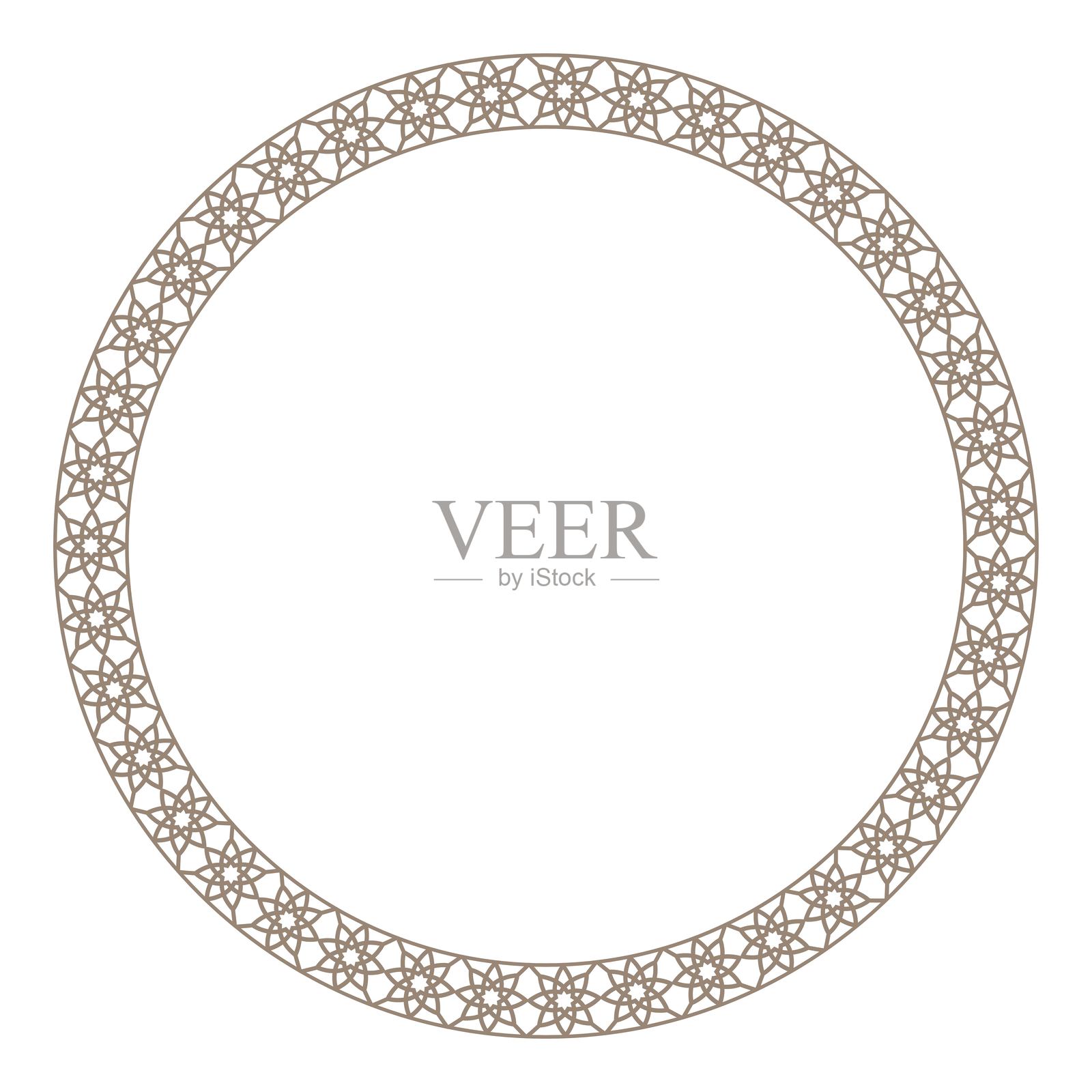 圆形金色奢华阿拉伯装饰框。威尼斯风格、东方无缝阿拉伯风格、阿拉伯式花纹、安达卢西亚风格、正宗阿拉伯风格。金色设计板框，陶瓷，刺绣，印刷。插画图片素材