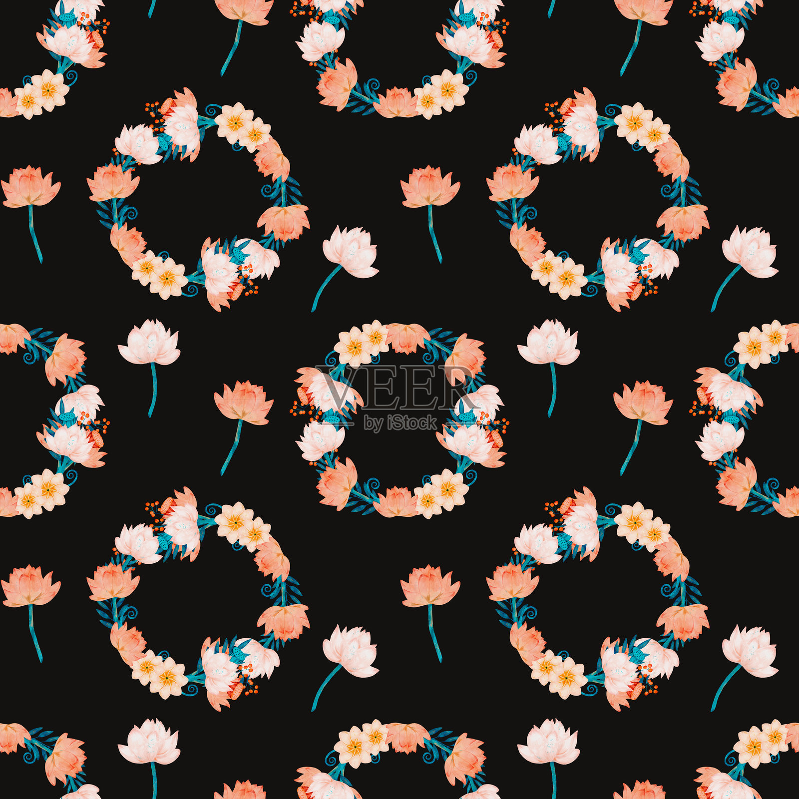 美丽的花卉图案与黑色背景相衬，营造出优雅的美感插画图片素材