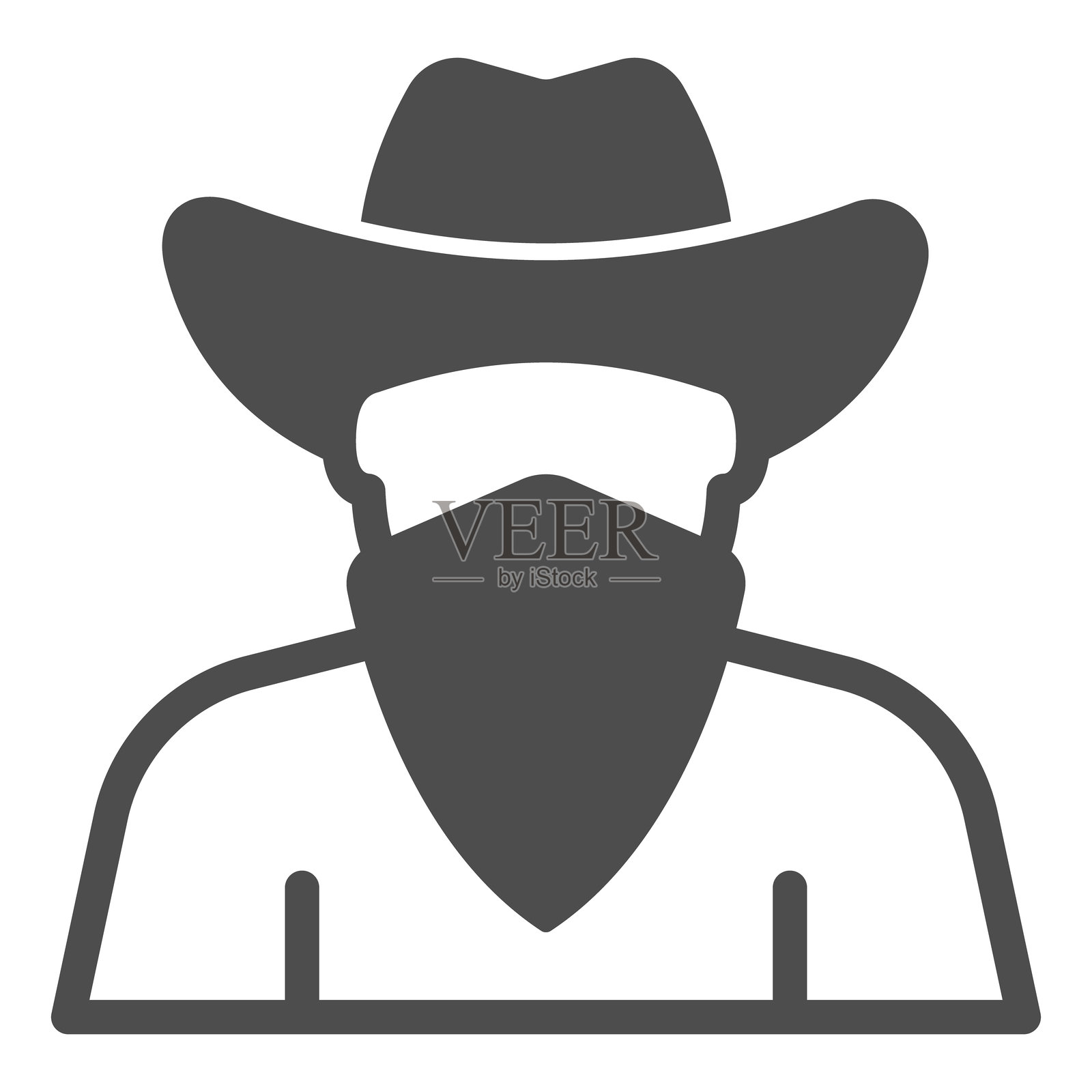 带面具的强盗人形象，西部沙漠概念。矢量图形。带帽子和绷带的人物标志，白色背景上的图形风格图标，适用于移动或网页设计。插画图片素材