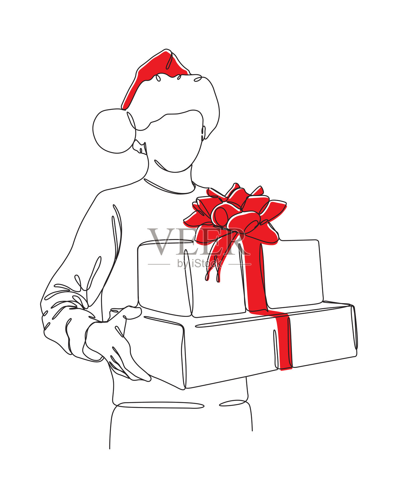 孩子赠送圣诞礼物。单线条绘画风格，带可编辑的笔触和留白空间。插画图片素材
