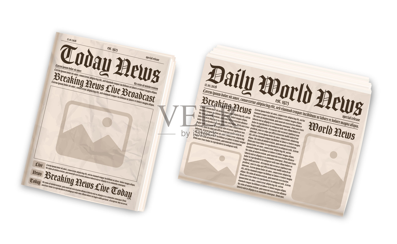 旧报纸布局。垂直和水平的报纸模型，孤立在白色背景上。矢量插图。插画图片素材