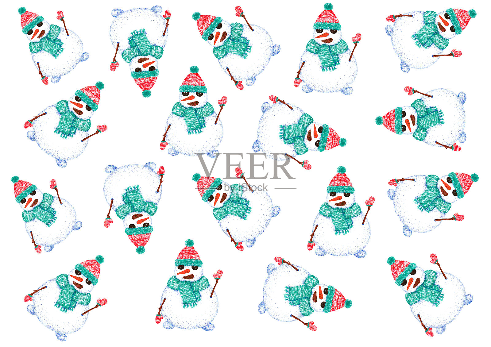 一组雪人。杂乱地放置在白色背景上。风格化插图。插画图片素材