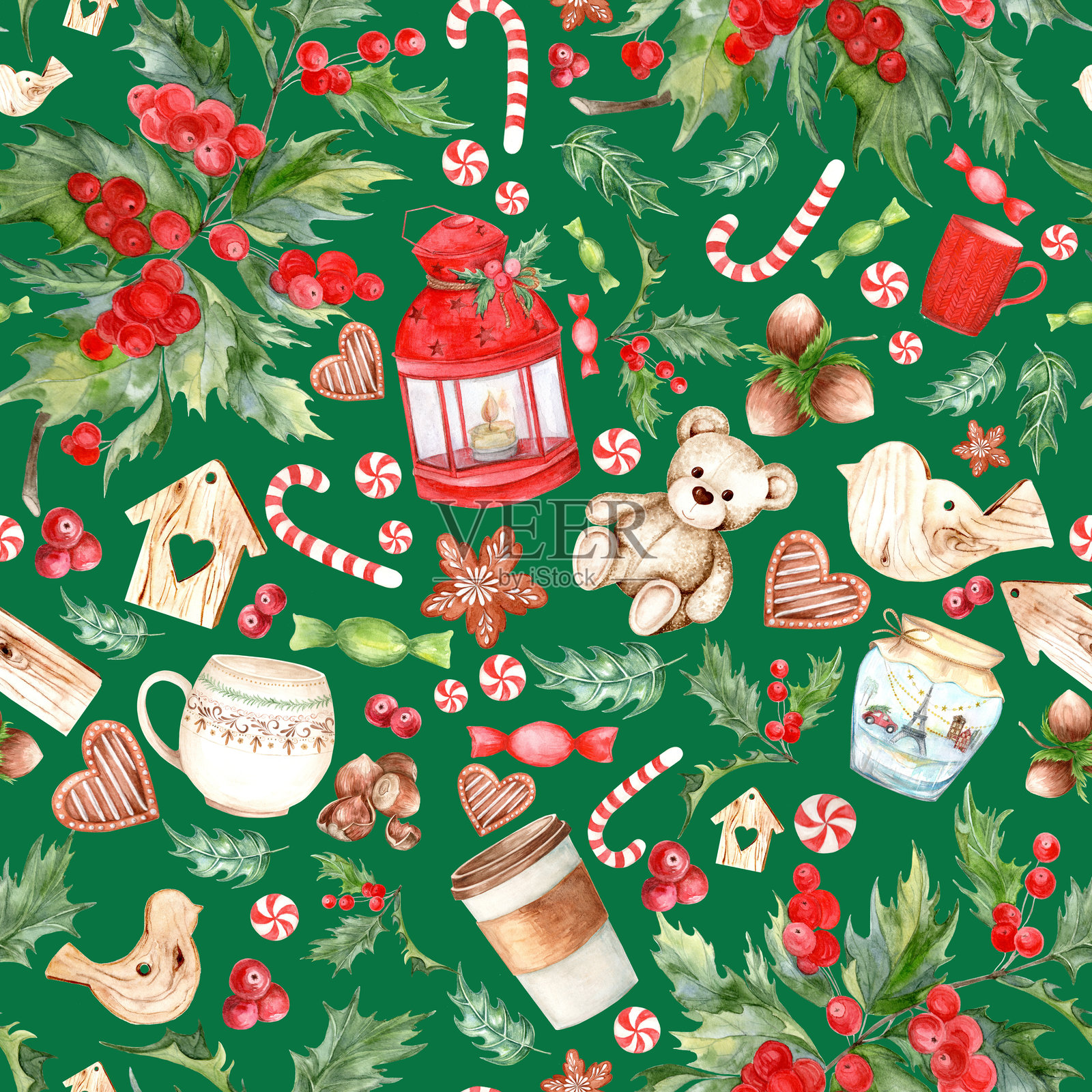 无缝图案，2025年圣诞节和新年主题，白色背景。姜饼和茶，糖果和玩具，坚果，玻璃罐，灯笼，杯子和玻璃，图案手绘，适合用于纺织品和装饰、包装和废纸。插画图片素材