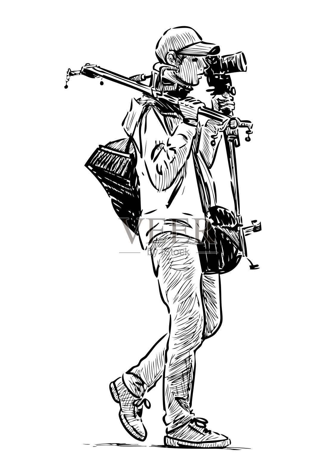 年轻专业摄影师走路并携带拍摄设备的素描，真实的手绘，白色背景上的矢量插图插画图片素材