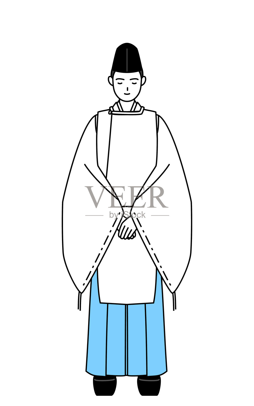 神社的祭司，戴着烏帽子和狩衣，双手交叠放在身体前面插画图片素材