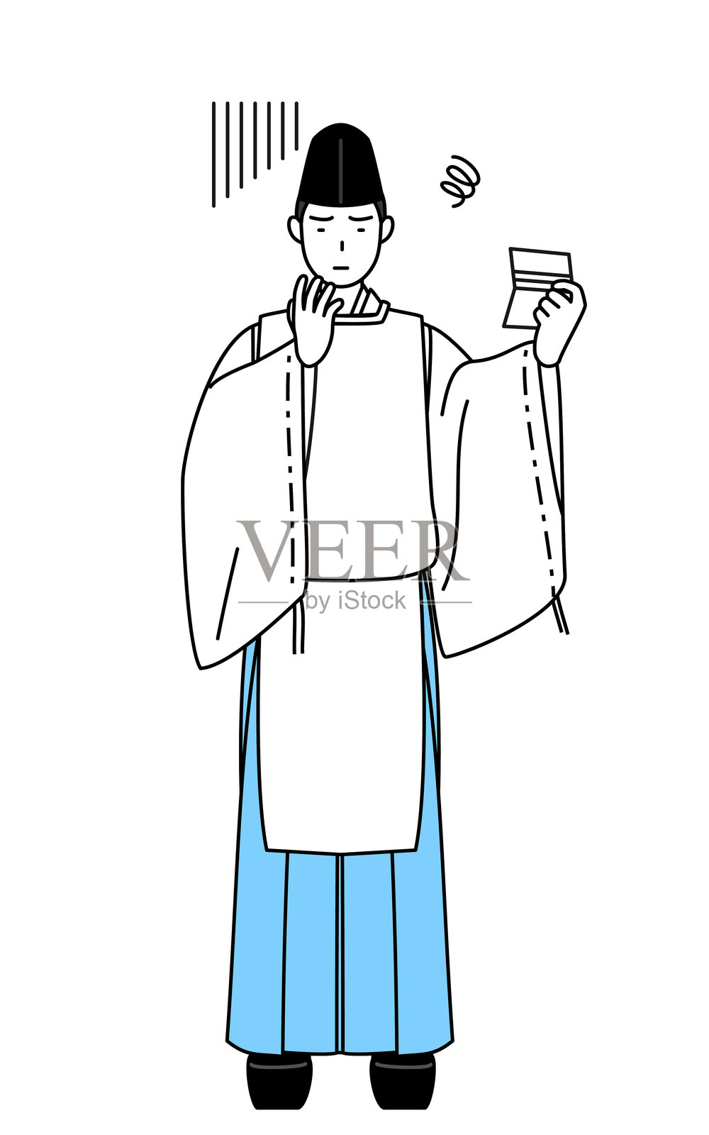 神社的祭司，戴着烏帽子和狩衣，低头看着他的存折，感到沮丧。插画图片素材