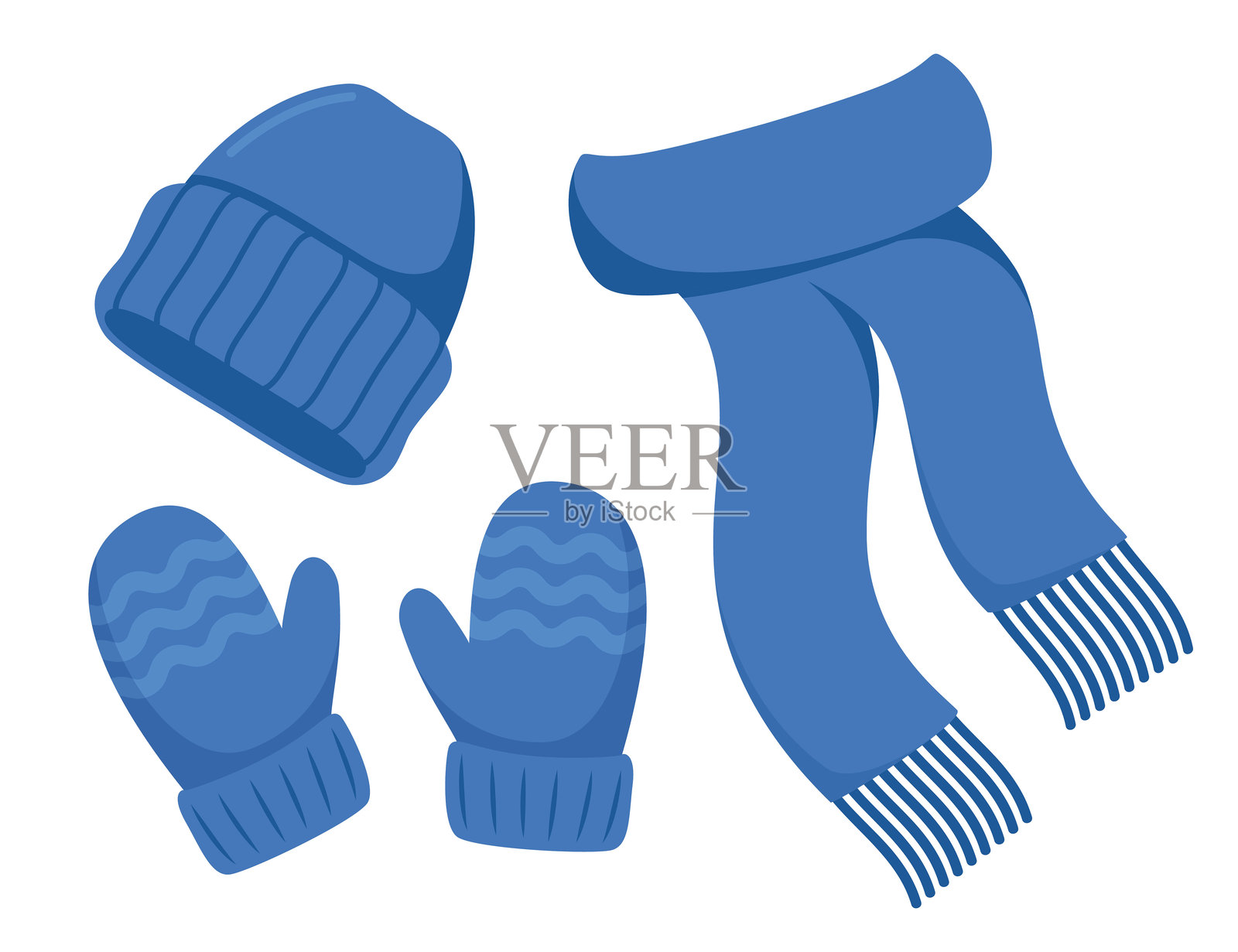 冬季寒冷天气的针织服装。手工制作的手套、围巾和天然针织毛衣的帽子。矢量插图。插画图片素材