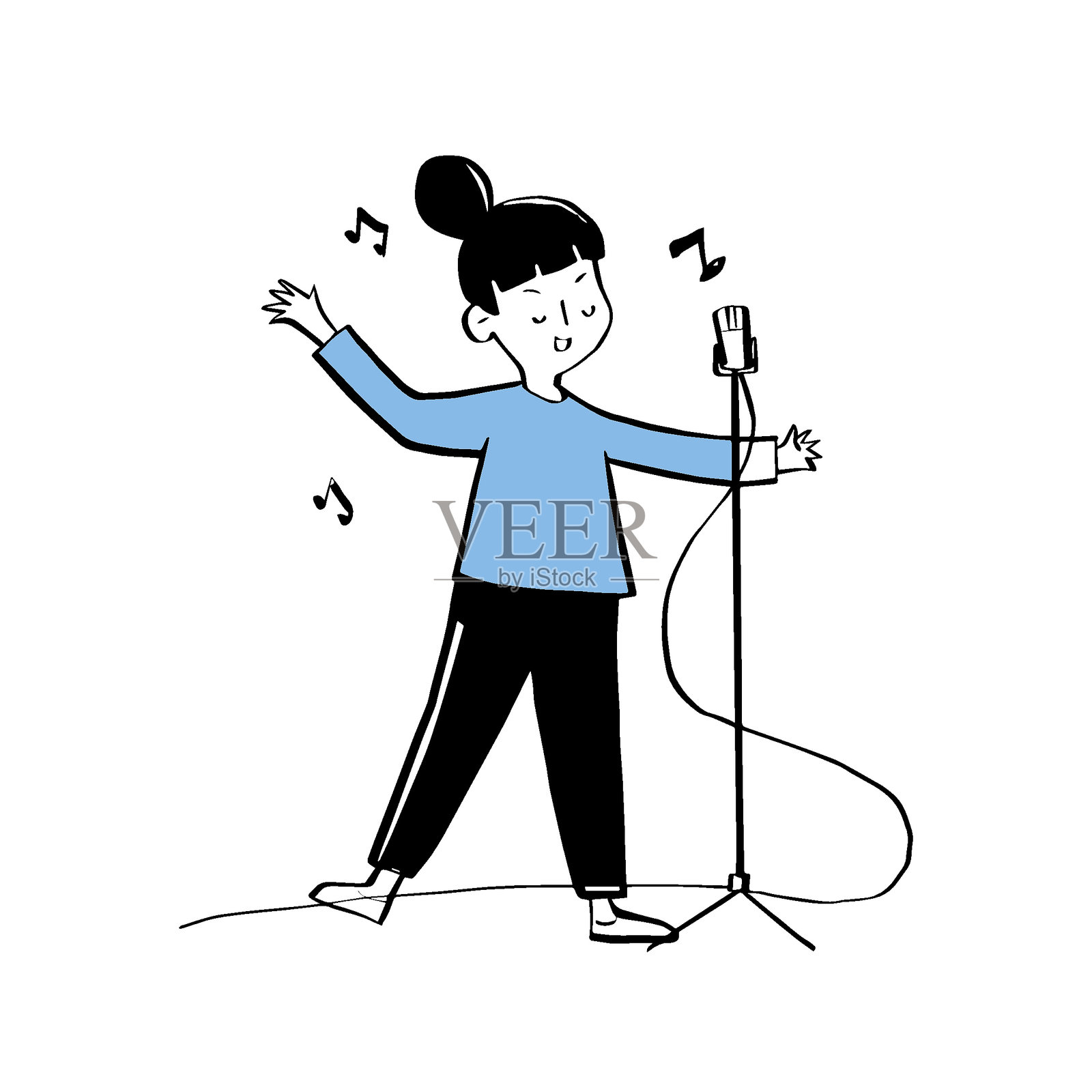 唱歌。极简主义风格的插图，描绘一位女性用麦克风表演。插画图片素材