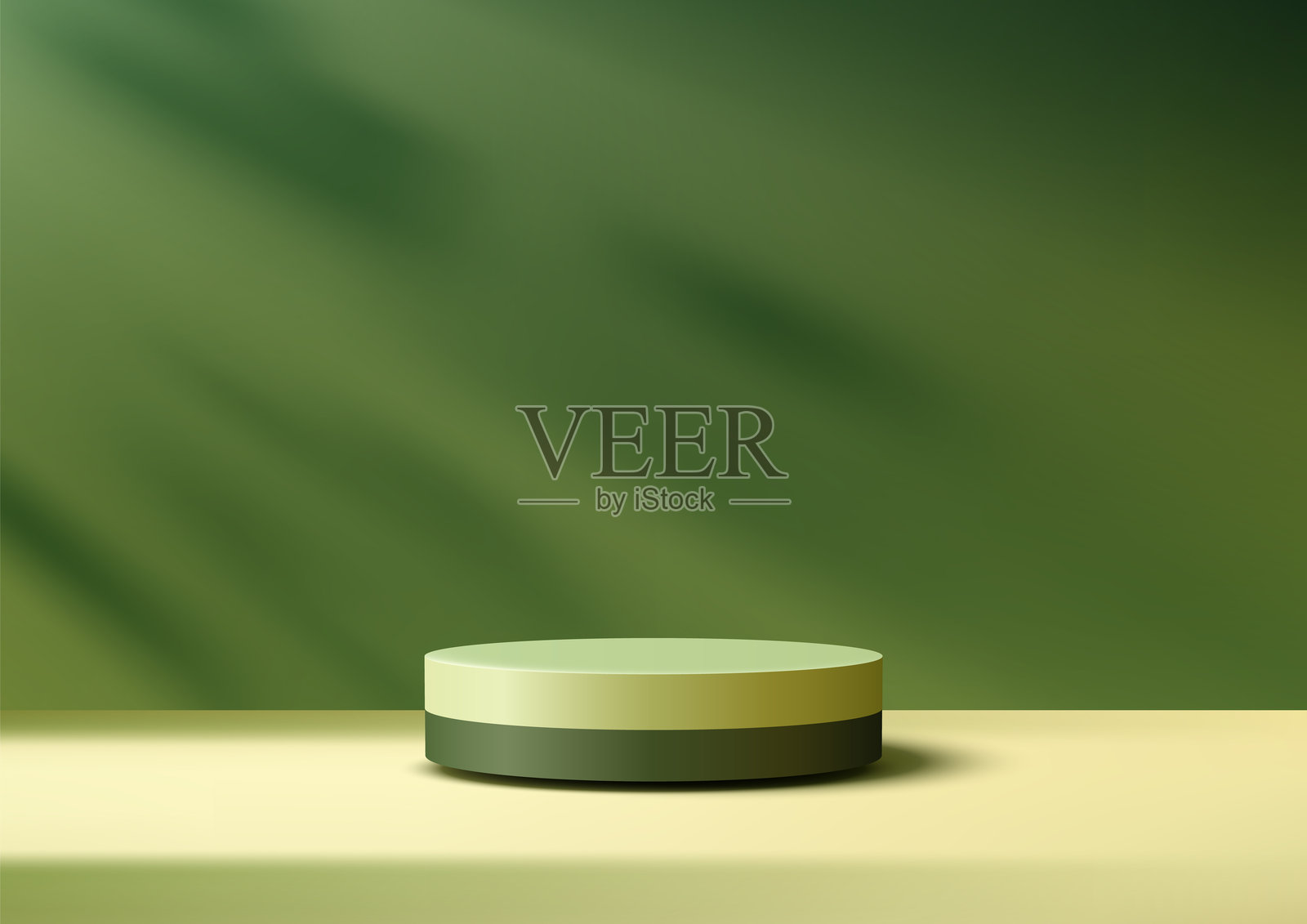 自然灵感的极简设计中，米色表面上的3D绿色圆柱展示台，带有叶子阴影，适合产品展示和模型展示。插画图片素材