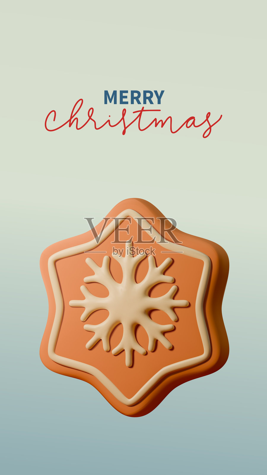 3D欢快的现代垂直插图，背景为柔和渐变色，展示了一个雪花形状的饼干。配有优雅字体的“圣诞快乐”文字。矢量插图。插画图片素材