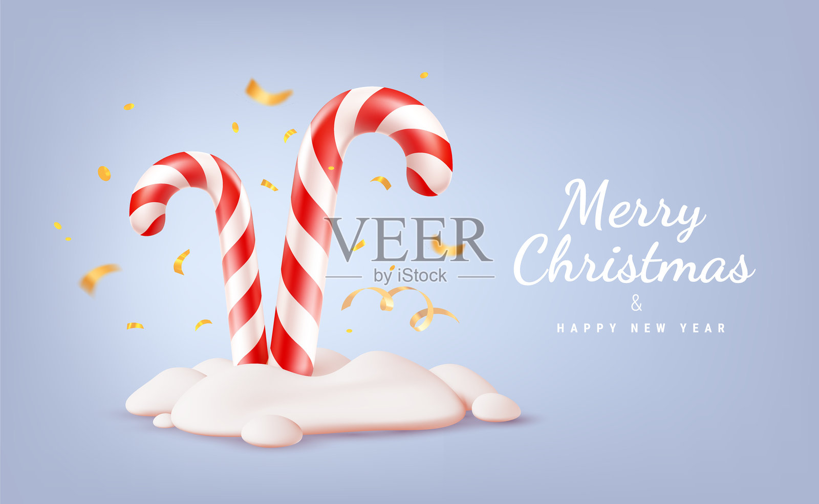 蓝色背景上带有金色彩带的雪中圣诞糖果手杖的矢量插图。3D卡通风格设计的红白相间的糖果手杖，配有“圣诞快乐和新年快乐”的文字。冬季甜蜜礼物。插画图片素材