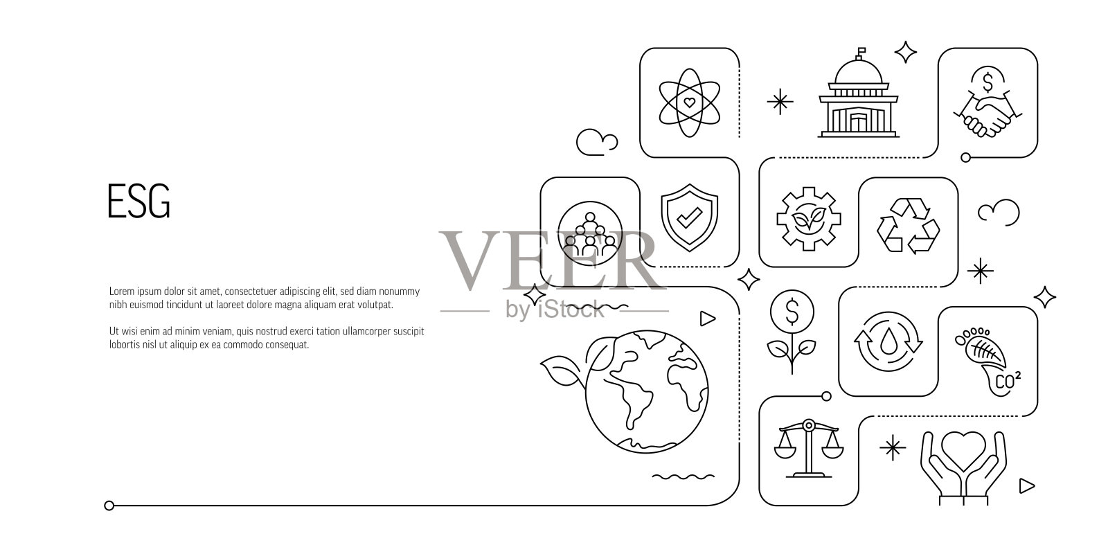ESG - 环境、社会和治理相关的线条艺术横幅设计。可持续性、政府、保护。插画图片素材