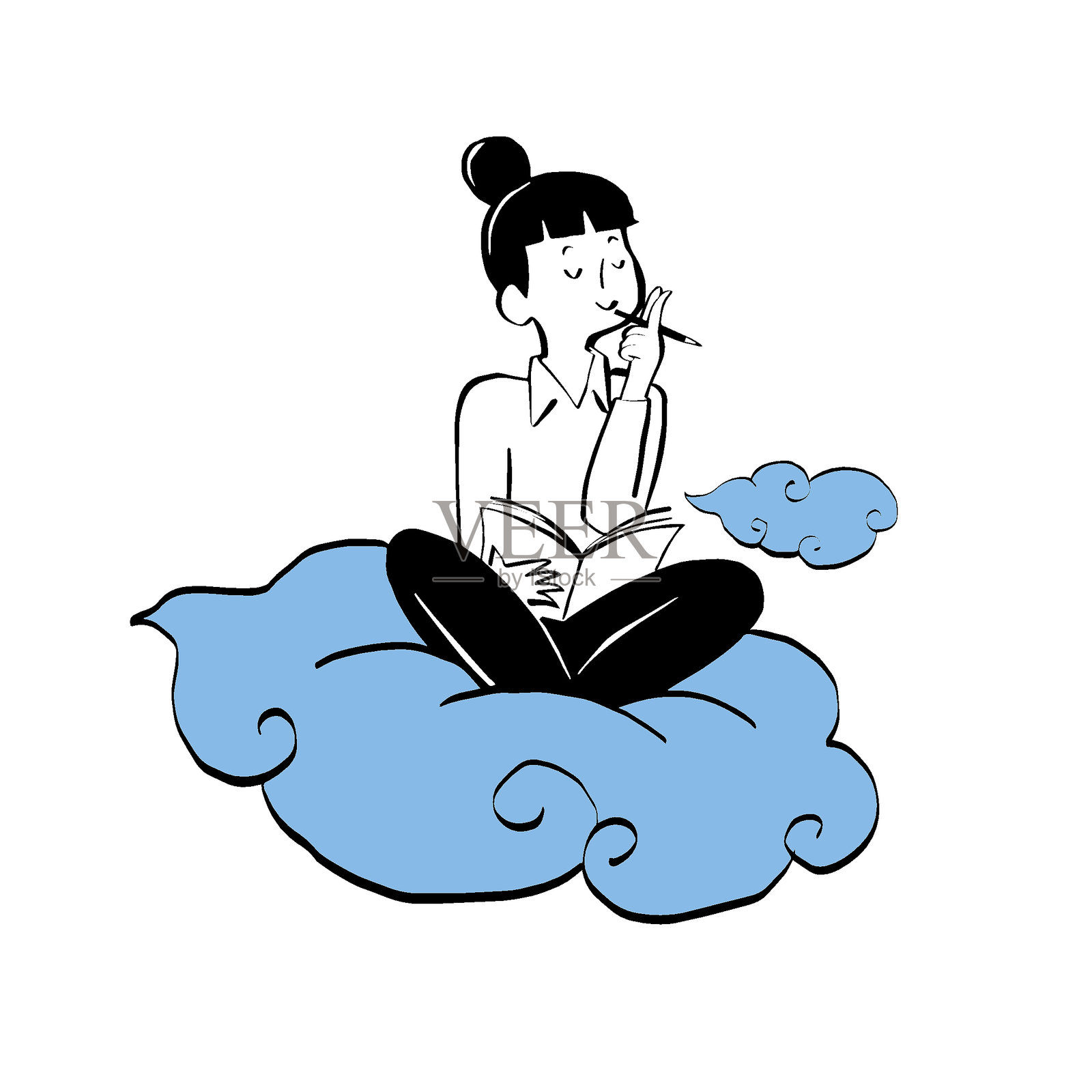 云端之上。干净的概念风格插图，描绘一位女性坐在云上思考。插画图片素材