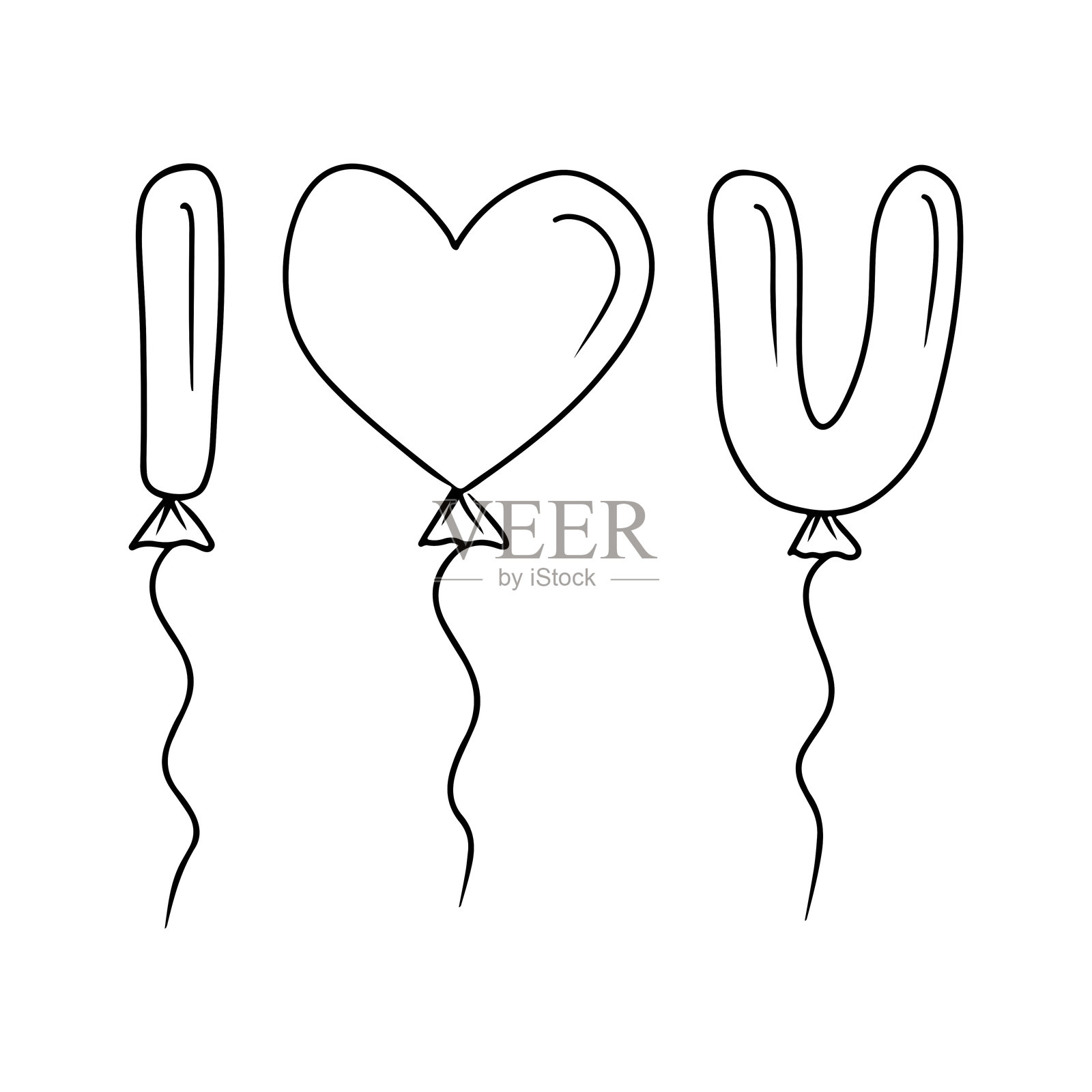 黑色字母和心形的“我爱你”气球，孤立在白色背景上。手绘矢量素描插图，采用涂鸦复古雕刻风格，情人节庆祝节日。插画图片素材