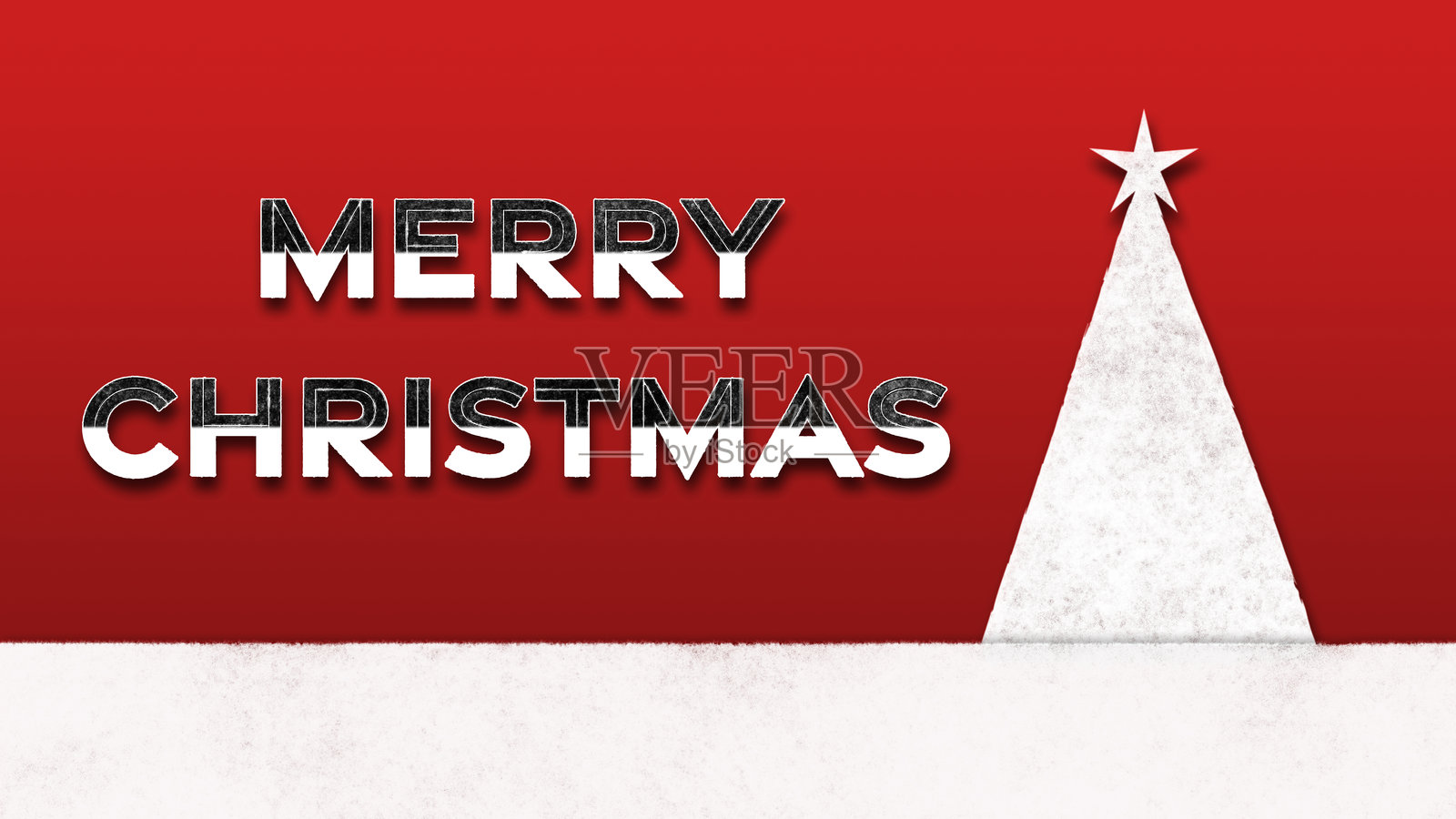 横向鲜艳的红色和深红色卡通背景，中央有一个白色实心三角形，象征雪松，上面有星形树顶，底部边缘是柔软的毛绒雪，配有黑白字体的“圣诞快乐”文字，留有空白空间供文字使用。插画图片素材