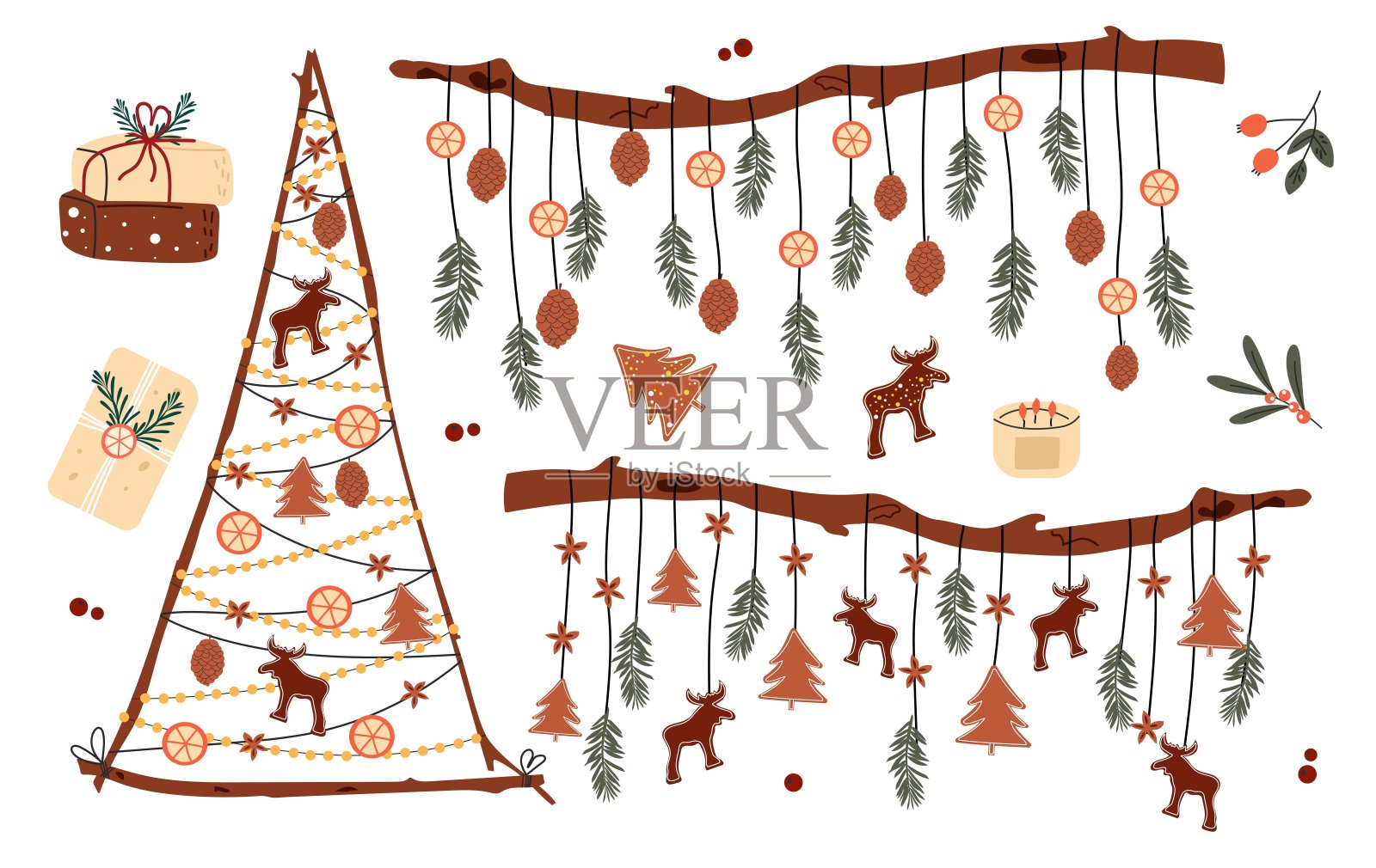 环保圣诞装饰。手绘冬季设计，包括有机树、手工礼品盒、天然悬挂的松树、饼干和橙子。插画图片素材